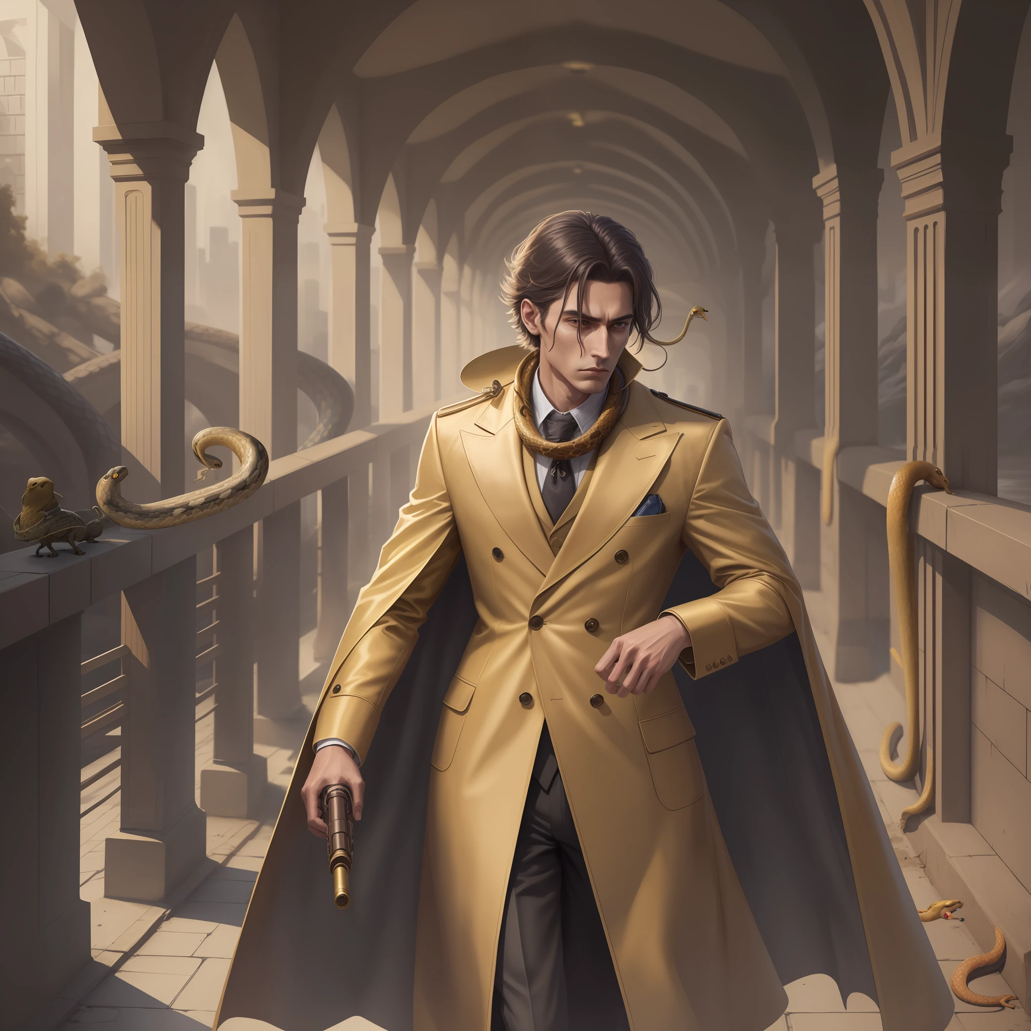 Criatutra in overcoat and golden suit, walking under a bridge carrying a gun, with a snake around his neck