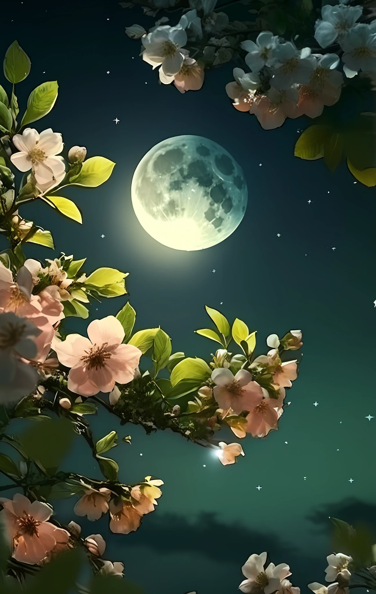 a close-up of a flowering tree and a full moon, beautiful moonlit night, beautiful moonlight, beautiful like the moon, night sky full of flowers, beautiful moonlight, night moonlight, full moon in the sky, the glow of moonlight, night with full moon,  moonlit night dreamy atmosphere, moon in background, "Highest quality, masterpiece, ultra detailed and realistic (Photorealistic:1.4)