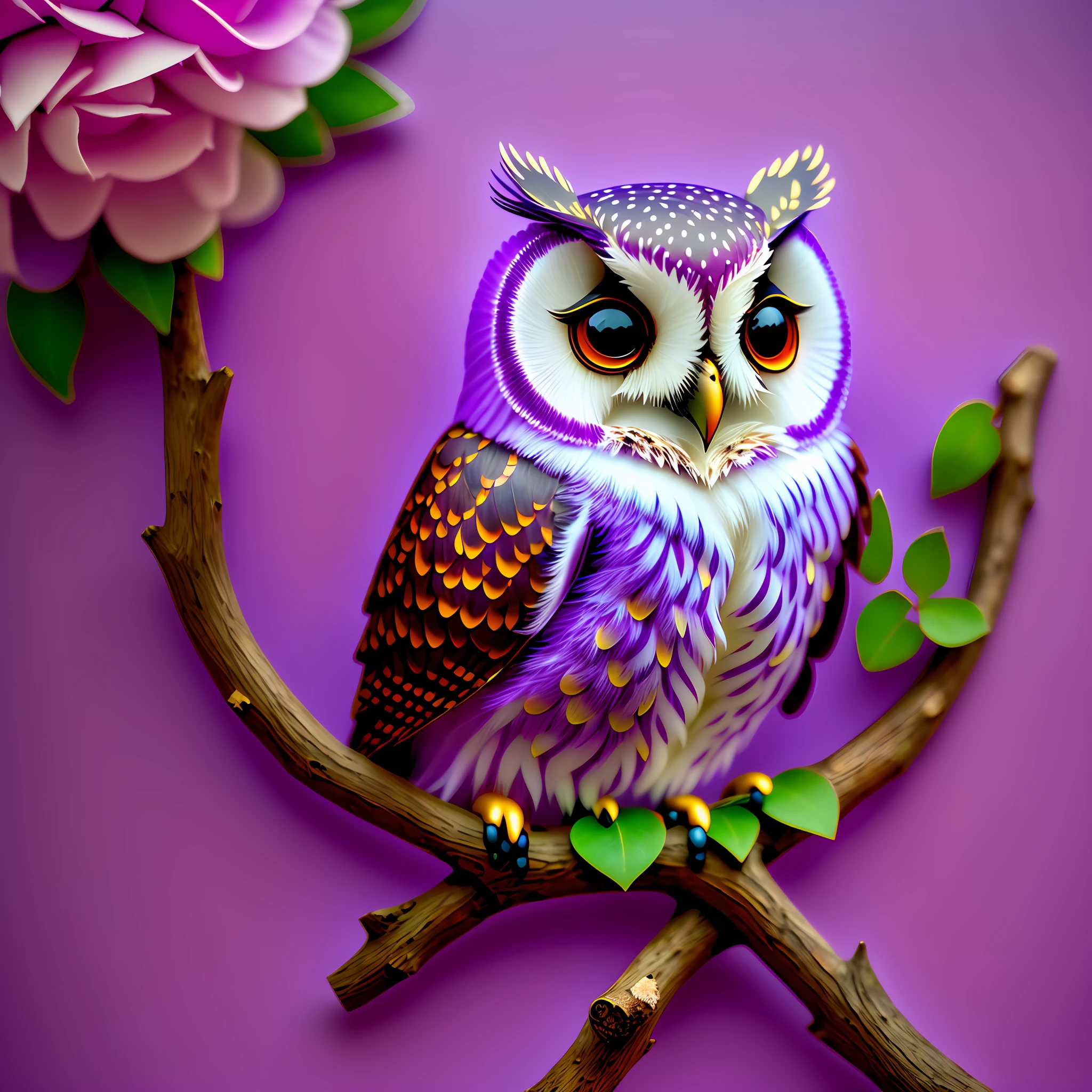 /imagine prompt: a sticker of a cute owl sitting on a branch, vibrant atmospheric colors, grape, rosette, lilac bushes, old kitchen backdrop, just a cute little thing, discworld theme, style:: --v 4 --auto --s2