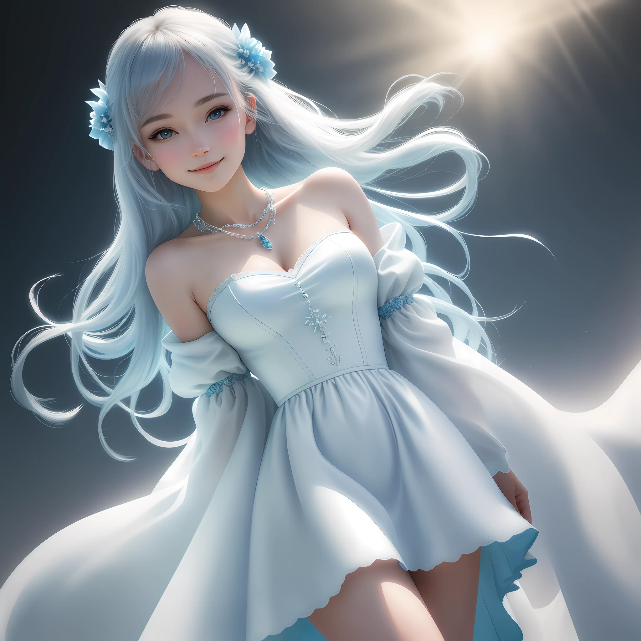 Best Quality, Masterpiece, High Resolution, 1Girl, Smile, Nude, Snow Princess, Ice Blue and White Dress, Hair Accessories, Necklaces, Jewelry, Beautiful Face, Physically, Tyndall Effect, Realistic, Shadow Studio, Edge Lighting, Two-Color Lighting, (High Detail Skin: 1.2), 8k UHD, DSLR, Soft Light, High Quality, Volumetric Light, Voyeur, Photo, High Resolution, 4K, 8K, Background Blur,