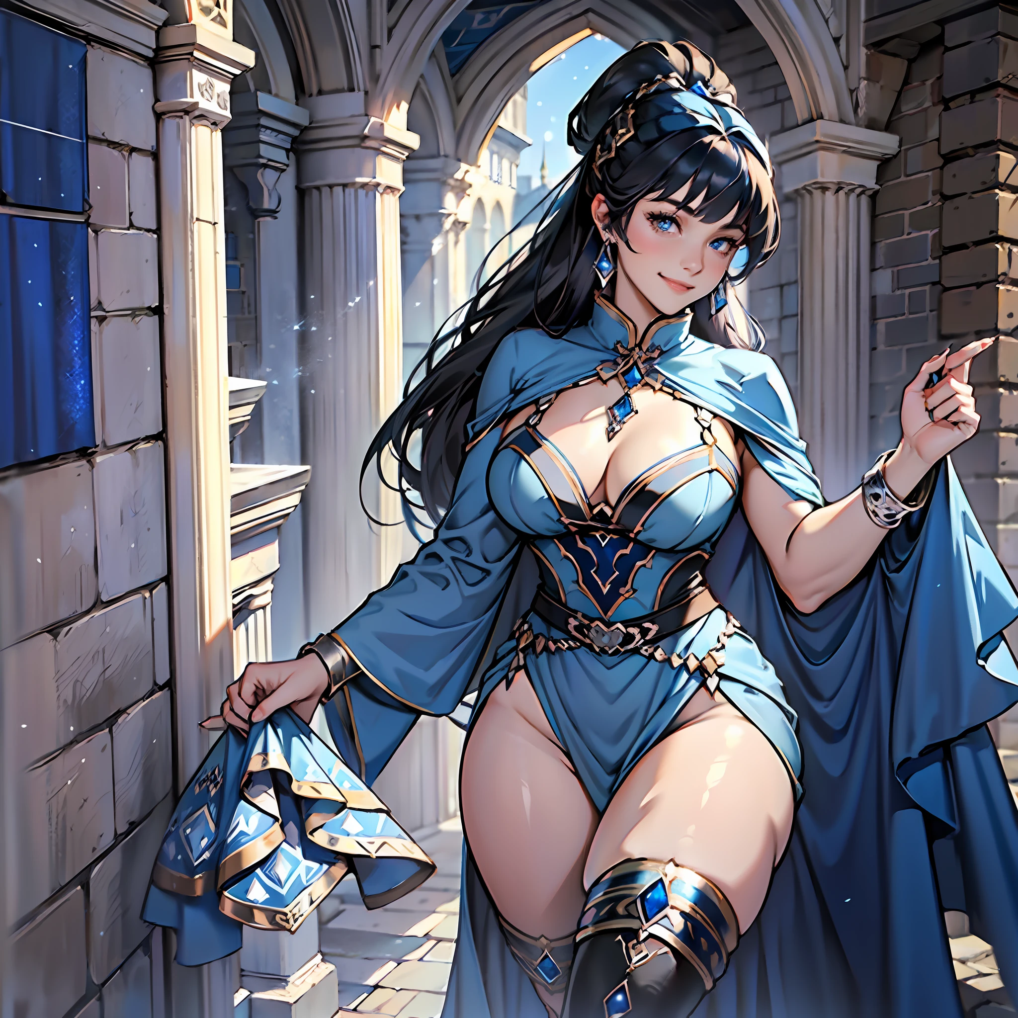 Dark blue hair, ponytail, bangs, noble blue dress, black cloak with white hood, large breasts, curvy woman, thin waist, thick legs, medieval blue boot, room with blue crystals, dark brown colored eyes, silver bracelets, sapphire earrings, blue female sock, smile, mature woman, wearing magic, walking.