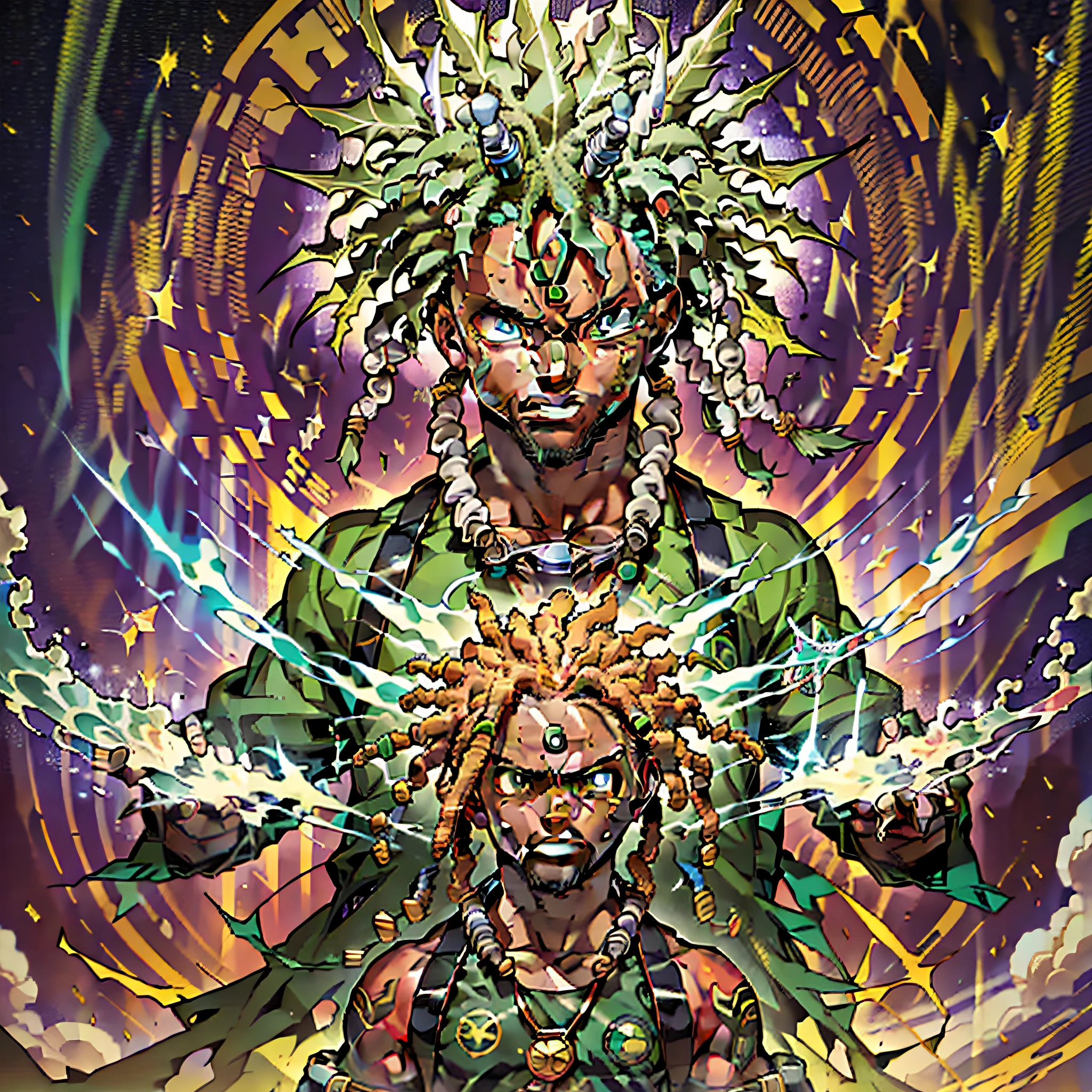 "An otherworldly figure emerges with multi-colored glow skin, unique dreadlocks, and piercing green eyes radiating a glow of their own on Planet Namek. In their confident pose, they smoke cannabis with an air of intergalactic swagger."