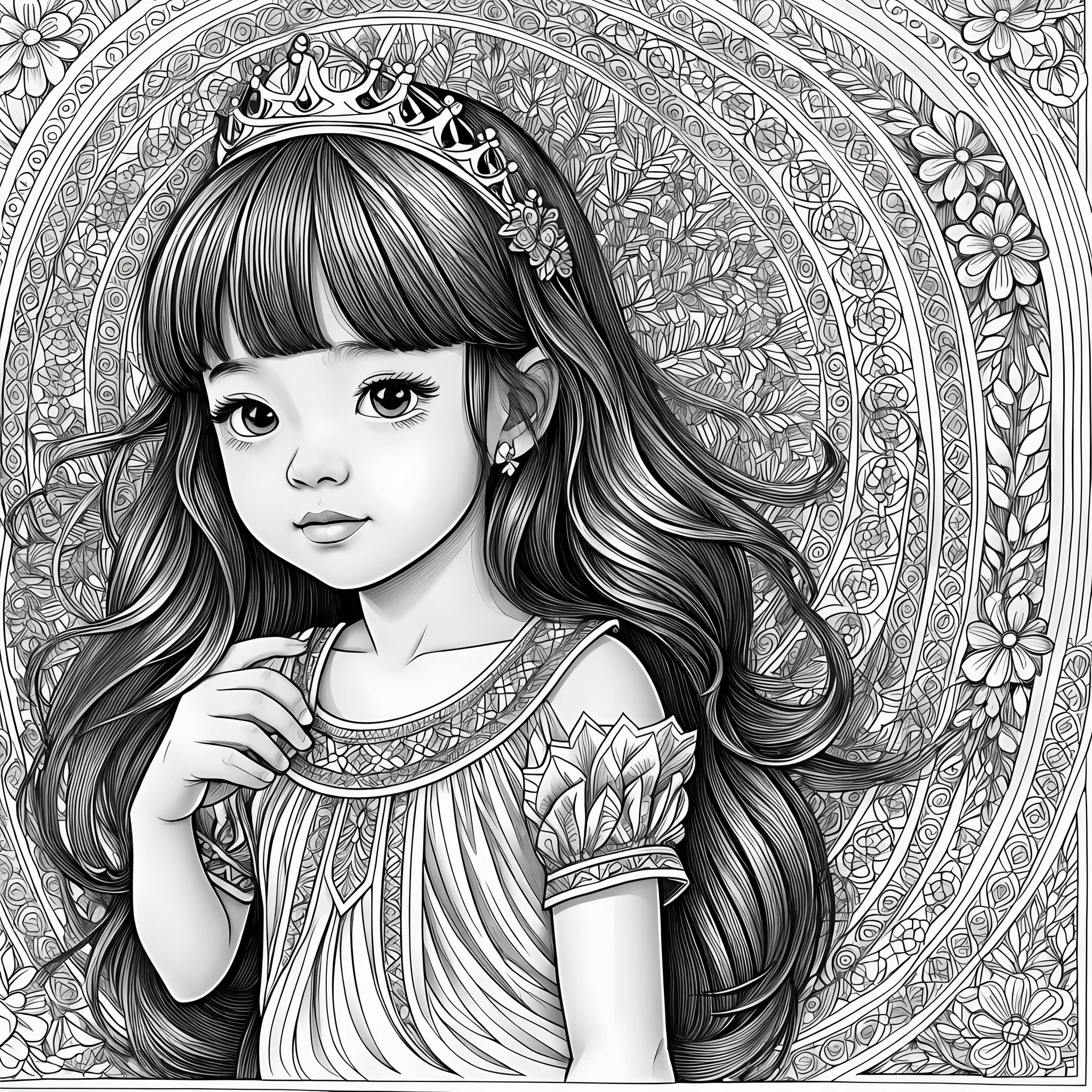 Cute  princess, stunnibg girl,   masterpiece, best quality, lineart, monochrome, white background, black and white, coloring book for children, on paper, full page, free lines, art line high detailed, to print, perfect anatomy, ((white background)), flowers., 2d. --auto --s2