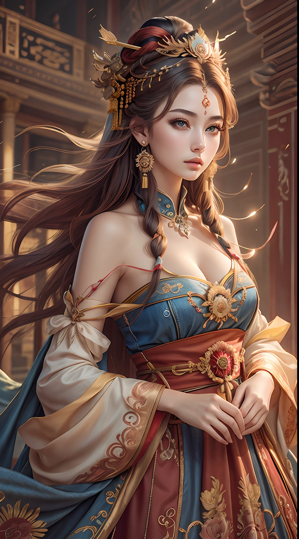 Best quality, masterpiece, ultra-detailed high resolution, (realistic: 1.4), original photos, illustrations,
1 Girl Holding Weapon, (Solo Exhibition: 1.2), (Denim Lens: 1.2), (Hair Crown: 1.2), Chinese Dunhuang Traditional Costume, No Straps, (Red Eyeliner: 1.2), (: 1.4), Earrings, Dynamic Angle, Opera House, messy_long_hair, Ink, Movie Lights, lens_flare, Velvet, Chrysanthemum, Tassels, Ribbons, Color Embroidery,