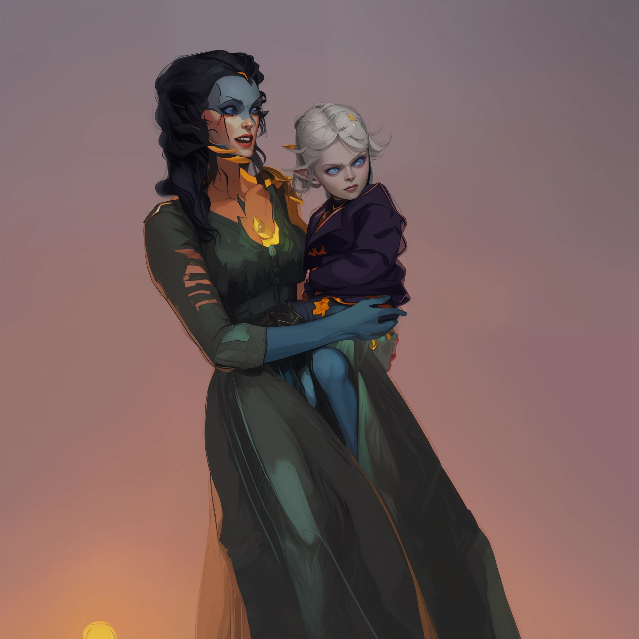 A digital gouache painting portrait of a female dark elf holding her , happy facial expression:1.2, graphic novel character, concept character art, cartoon, realistic features, precise correct anatomy, hyper detailed, 2d painting, glossy, 8k, hyper detailed painting texture