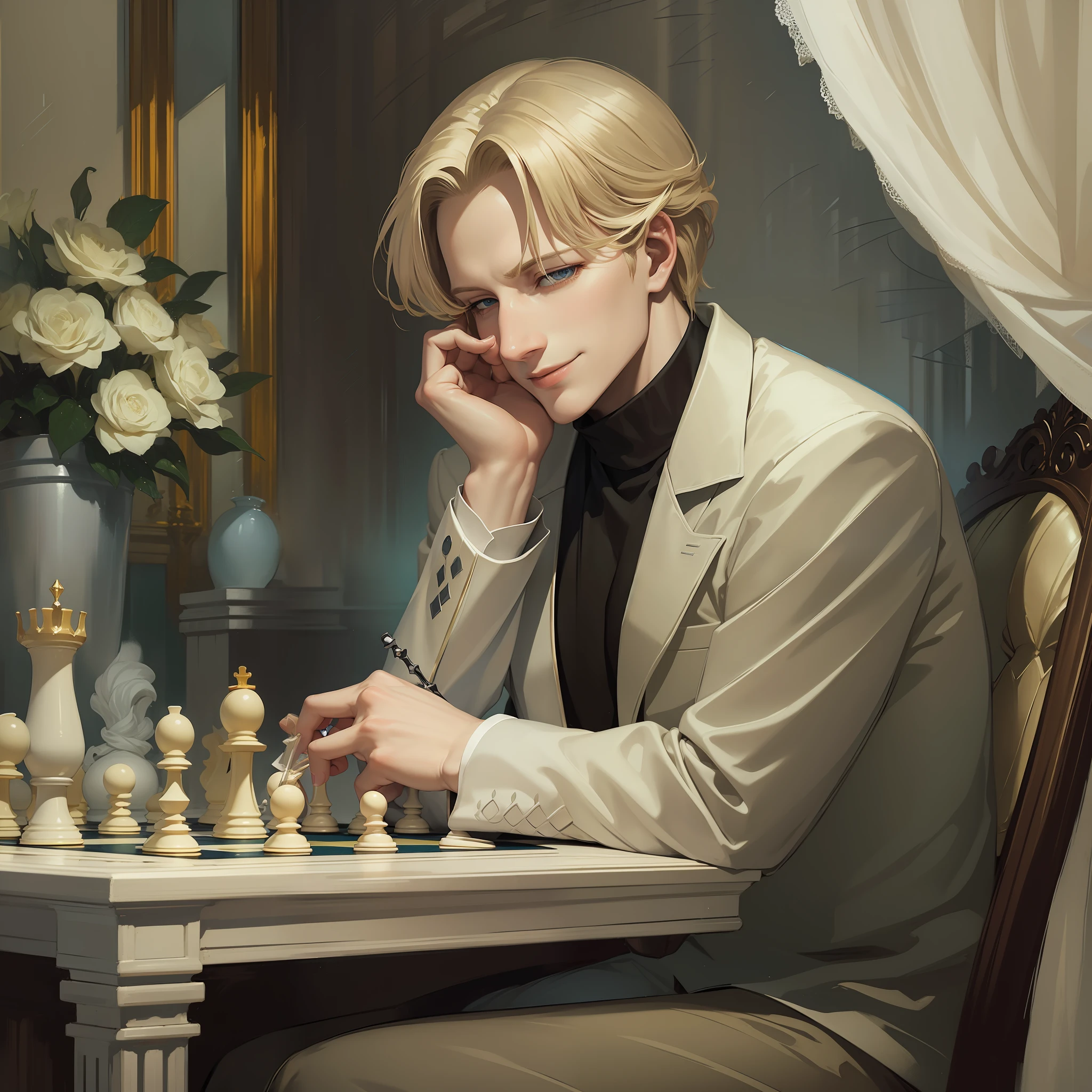 (Best quality), (Masterpiece), (Best details), (Dark Fantasy), Johan Liebert, chess player, playing chess, chess, holding white queen, chess table, smiling, beautiful, aesthetic, elegance, looking at viewer.