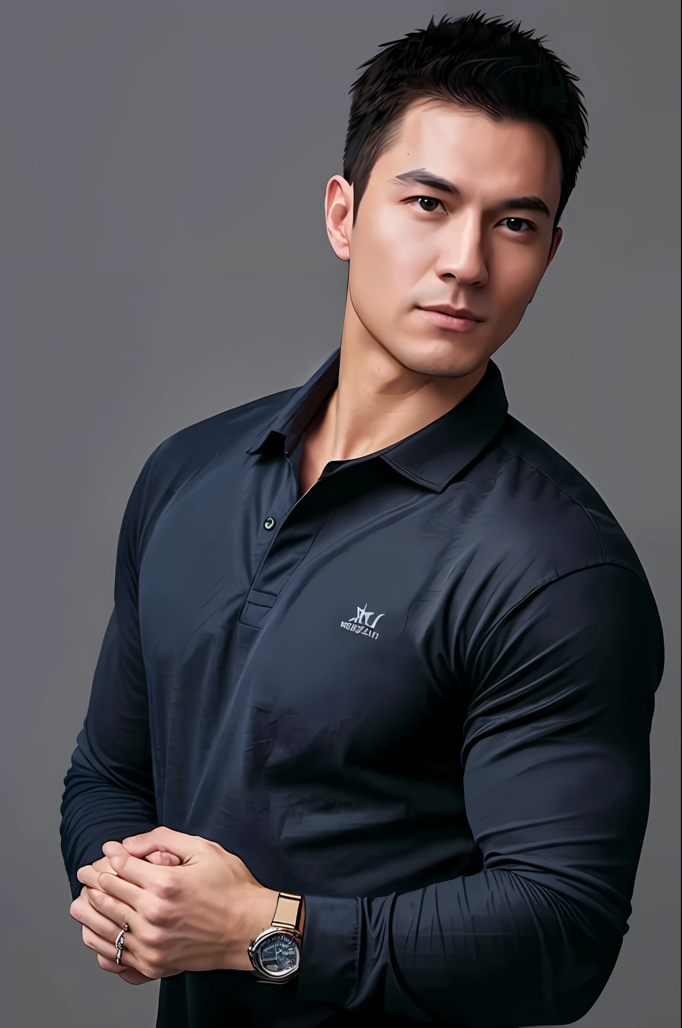1man,
a 30 y.o muscular male wearing long-sleeve blue black shirt and black tie, upper body, soft lighting,
masterpiece, best quality, 8k uhd, dslr, film grain, Fujifilm XT3 photorealistic painting art by midjourney and greg rutkowski