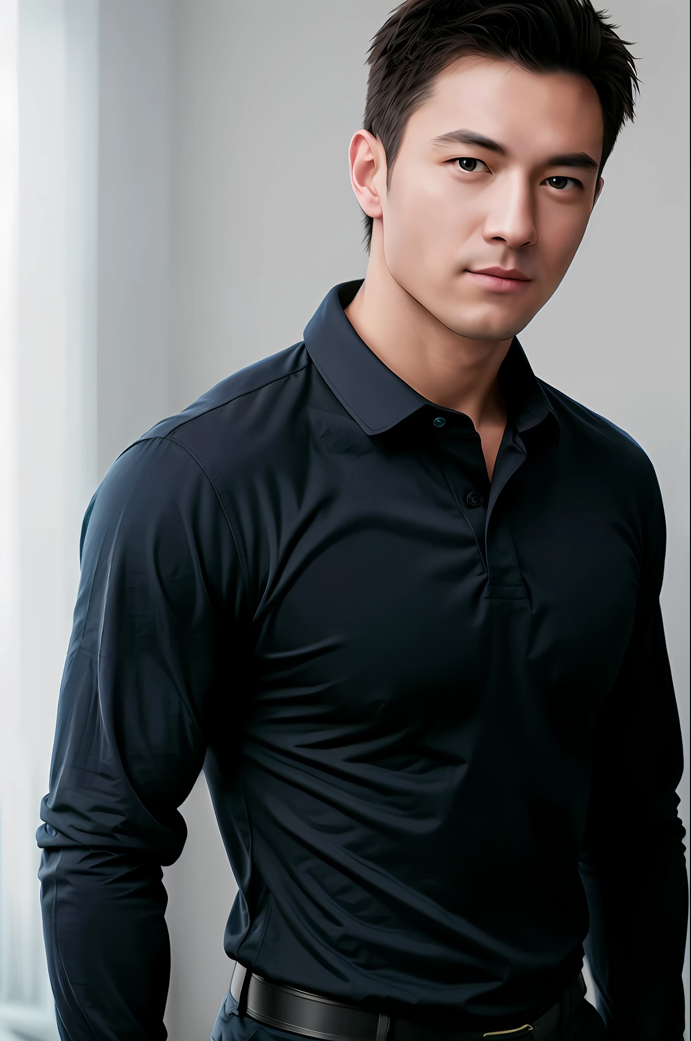 1man,
a 30 y.o muscular male wearing long-sleeve blue black shirt and black tie, upper body, soft lighting,
masterpiece, best quality, 8k uhd, dslr, film grain, Fujifilm XT3 photorealistic painting art by midjourney and greg rutkowski