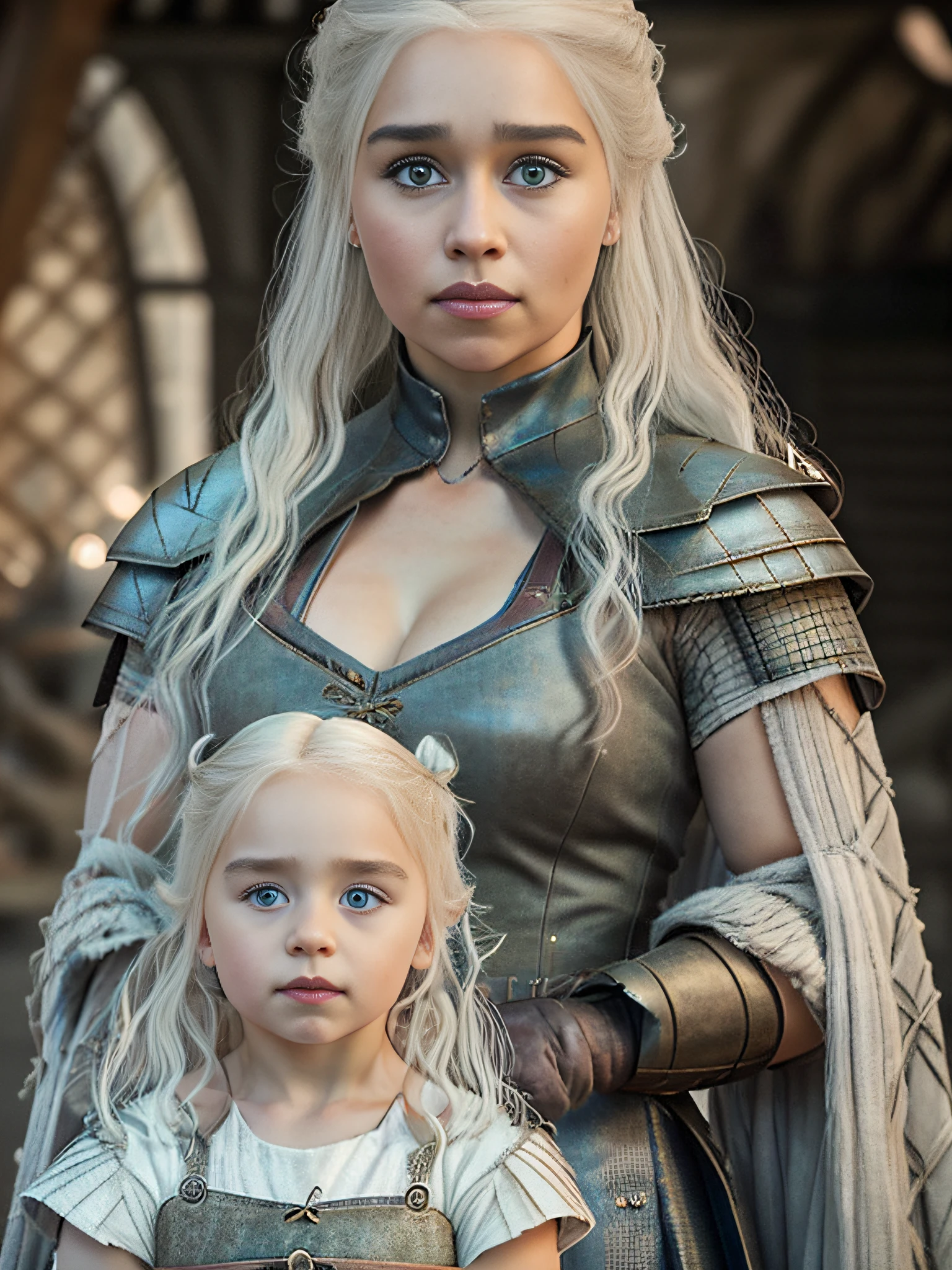 raw full body ((family photo of a father and mother with their daughter)), ((mother carrying daughter)), [1girl, daenerys targaryen, Emilia Clarke], (1man, Henry Cavill as Geralt de Rivia The Witcher), with their ((1girl, 5 year old daughter)))), medieval clothing,((half body shot)), realistic proportions, realistic pupils, ((3 member family portrait)) limited palette, highres, cinematic lighting, 8k resolution, front lit, sunrise, RAW photo, Nikon 85mm, Award Winning, Glamour Photograph, extremely detailed, beautiful Ukrainian, mind-bending, Noth-Yidik, raw fullbody photo of Daenerys Targaryen and Geralt de Rivia The Witcher with 5 year old daughter, highly detailed, artstation, smooth, sharp focus, 8K,, trending on instagram, trending on tumblr, hdr 4k, 8k