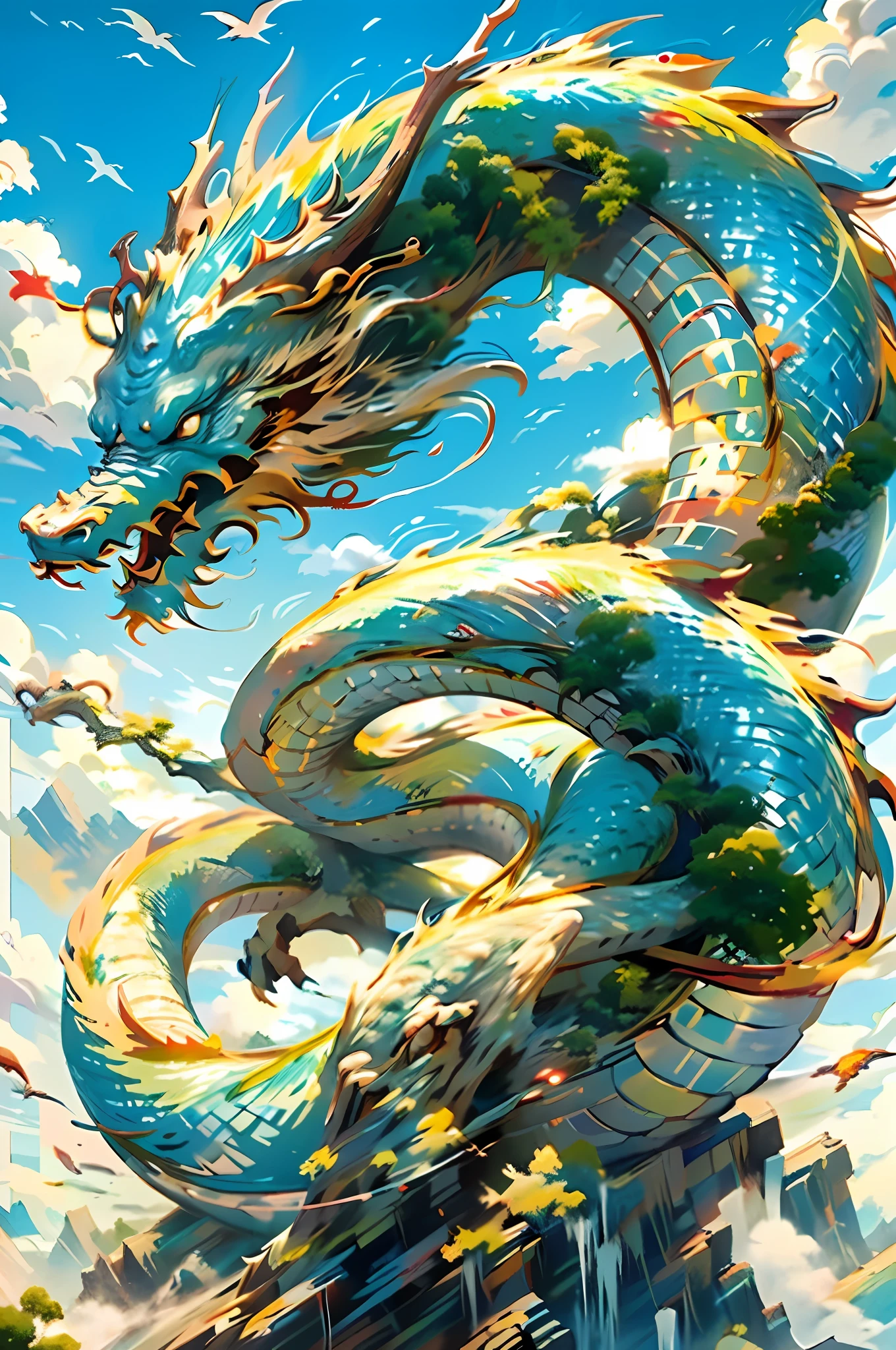 Top Quality, Masterpiece, Ultra High Definition, Human, (Long: 1.2), Chinese Dragon, Sky, Flying, Chinese Zodiac, Outdoor, Clouds, Sun, Mountain, Open Mouth, Blue Sky, Teeth, Scales, Sharp Teeth, Horns, Shine, Fangs, Tree, Glowing Eyes, Landscape, Jade