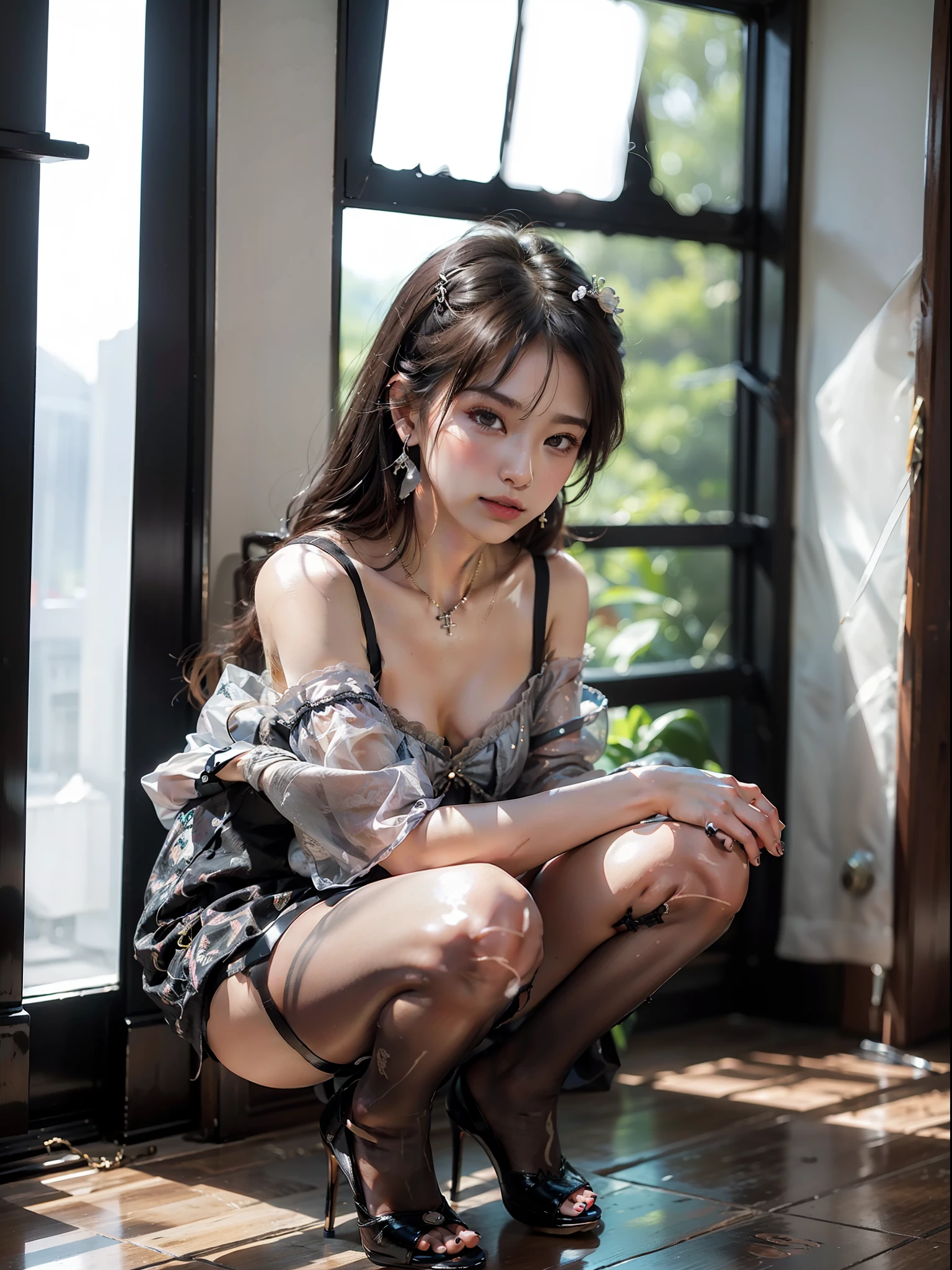 (NSFW1.5), (Ultra Realistic), (High Definition), (8K), (Very Detailed), (Best Illustration), (Beautifully Detailed Eyes), (Best Quality), (Ultra Detailed), (Masterpiece) ), (wallpaper), (detailed face), solo, one girl, looking at viewer, fine detail, detailed face, in the dark, deep shadows, low key, pureerosfaceace_v1, smile, bust, transparent underwear, Cameltoe, standing, garter belt, wearing high heels, necklace, earrings, half shoulder, maid outfit, undressing, spread legs, squatting