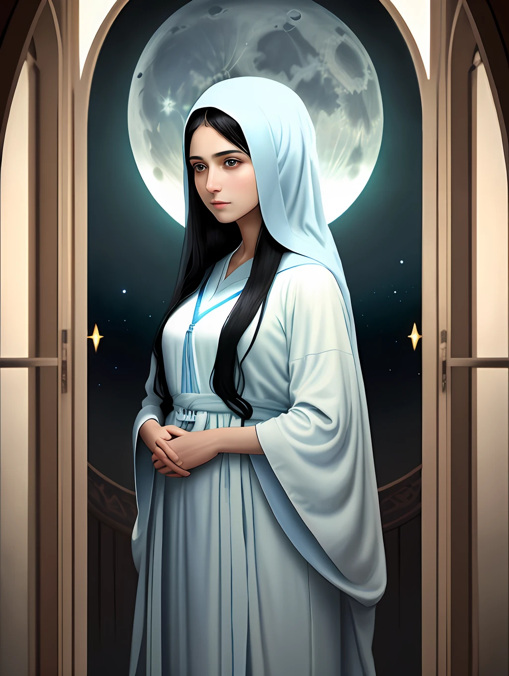 Mother of Jesus, black hair and green eyes, light brown skin, wearing a light blue robe, and a sky blue veil, a serene expression that brings peace (full body) near a window, illuminated by the moon (magnificent and realistic)