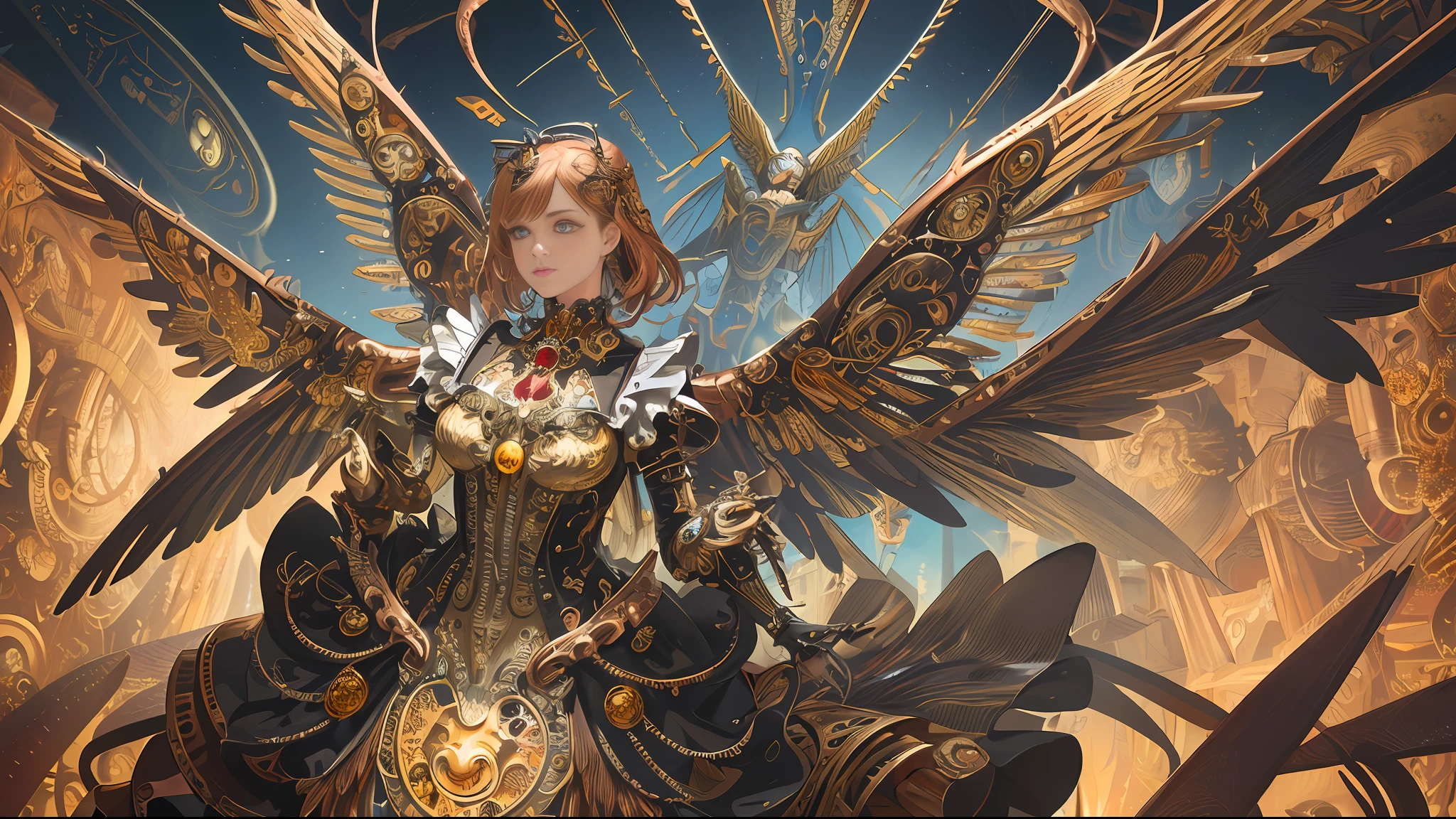 (masterpiece, best quality, absurdres:1.4), (highly detailed CG illustration), cinematic light, (official art:2.0), 1girl, upper body, mechanical wings, (by Dave Seeley:1.7), (Maximalism:2), (complicated background, complicated decorations, complicated dress, gold decorations, copper decorations:2), (red blood eyes, crying, tears:1.4), (eye mask:1.2), (extreme detailed:1.5),(fractal art:1.7),highest detailed, clockpunk, steampunk, gears, cubism, mechanical, asymmetrical, dynamic pose,