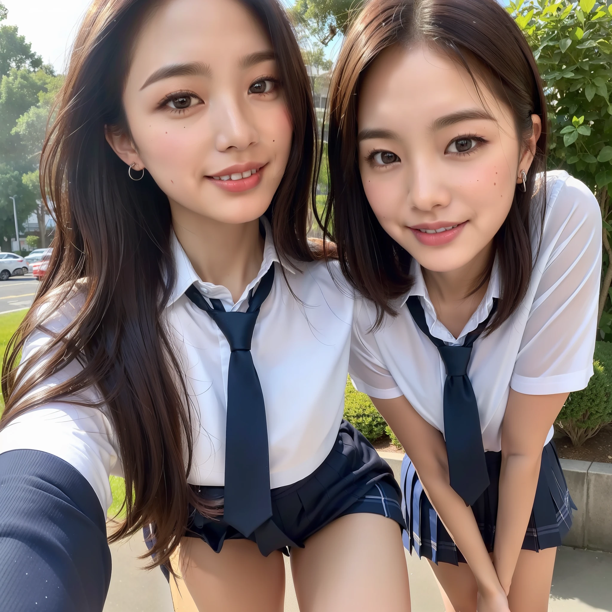 ((top quality, 8k, masterpiece: 1.3, one girl, beautiful woman)), sweaty skin, wet clothes, wet hair, toned body, dark brown hair, ultra-detailed face and skin texture, smile, wavy short hair, big piercings, open legs, school uniform with tie, photorealism, selfie-style photo, mole around the eyes, rain