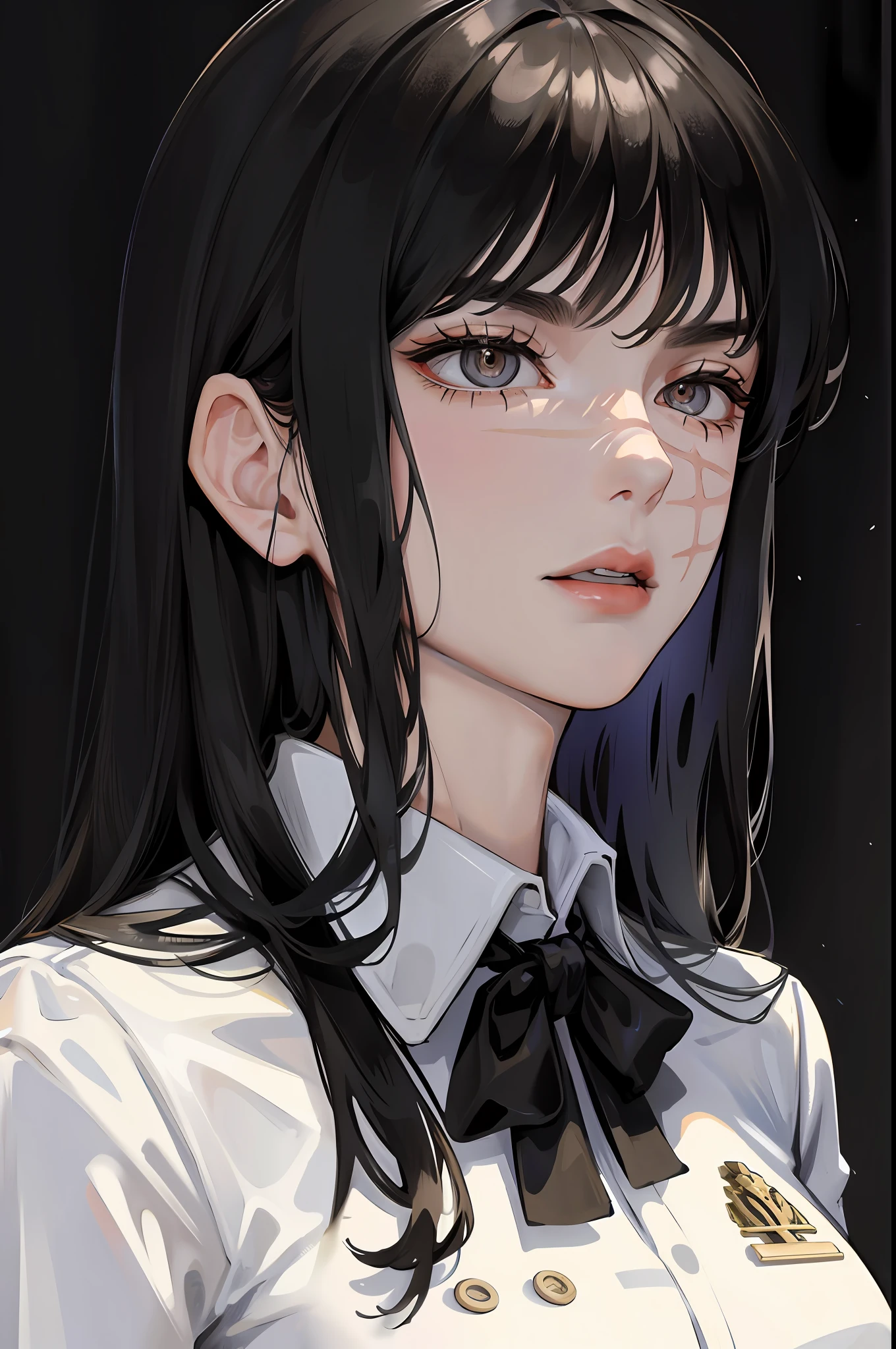 (higher resolution, distinct image) The best quality, a girl, Yoru, masterpiece, highly detailed, semi realistic, long hair, shaggy black hair, bangs, young, tall and strong, black military uniform, military academies, war insignia, inner backgrounds, cold, serious, tall, beautiful, authoritative, powerful, delicate facial features, exquisite facial features, small breasts, defined waists