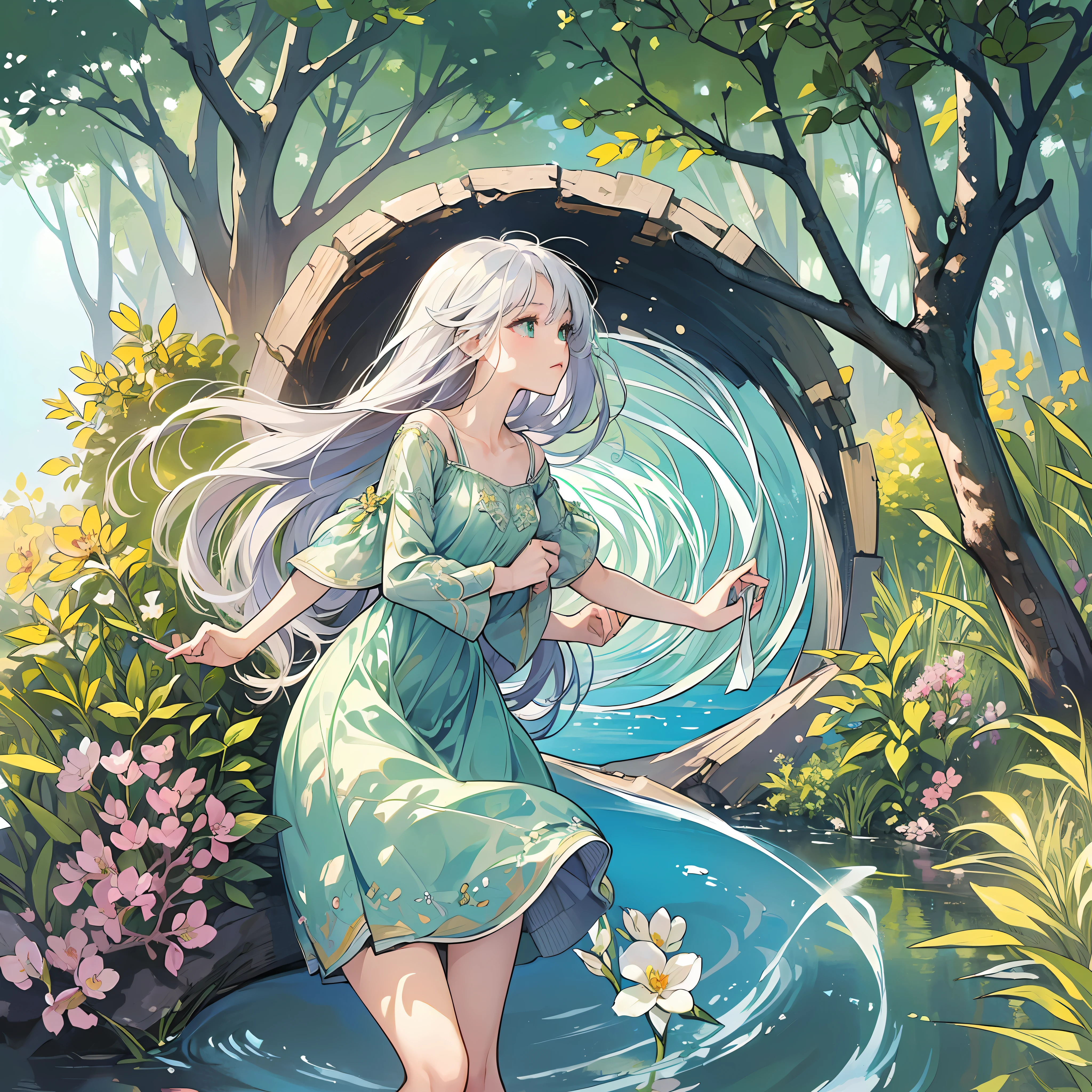 (((masterpiece))), (((best quality))), ((ultra-detailed)), (illustration), ((an extremely delicate and beautiful)),dynamic,floating angle, (beautiful detailed eyes ), (detailed light) (1girl), loli, small_breasts, floating_hair, shiny eyes, cute_ears, white hair, green eyes, perfect iris, (((knee-length dress))), (((long dress)))feather , leaves, nature, (sunshine), river, (forest),(painting),(sketch ),(blossoming). bad job, bad color, extra legs, extra fingers, bad body, bad finger, bad eyes --auto --s2