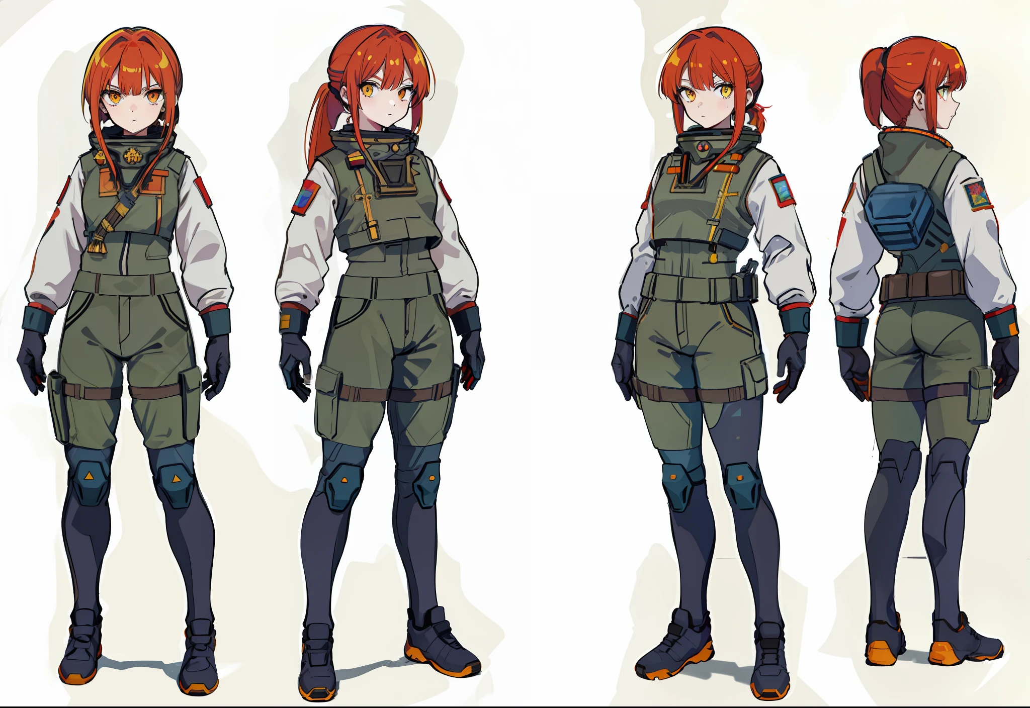 Slavic Girl. character sheet, concept art, full body, (masterpiece:1.2), (best quality:1.3), 1girl, standing, dynamic pose, diesel-punk, Russian tanker uniform, soldier, sci-fi, hazmat, soviet, cosmonaut, big baggy sleeves, (red hair), (yellow eyes), (pony tail), (long bangs), (vibrant eyes), (golden hair), (small chest), (large hips), (thick thighs)