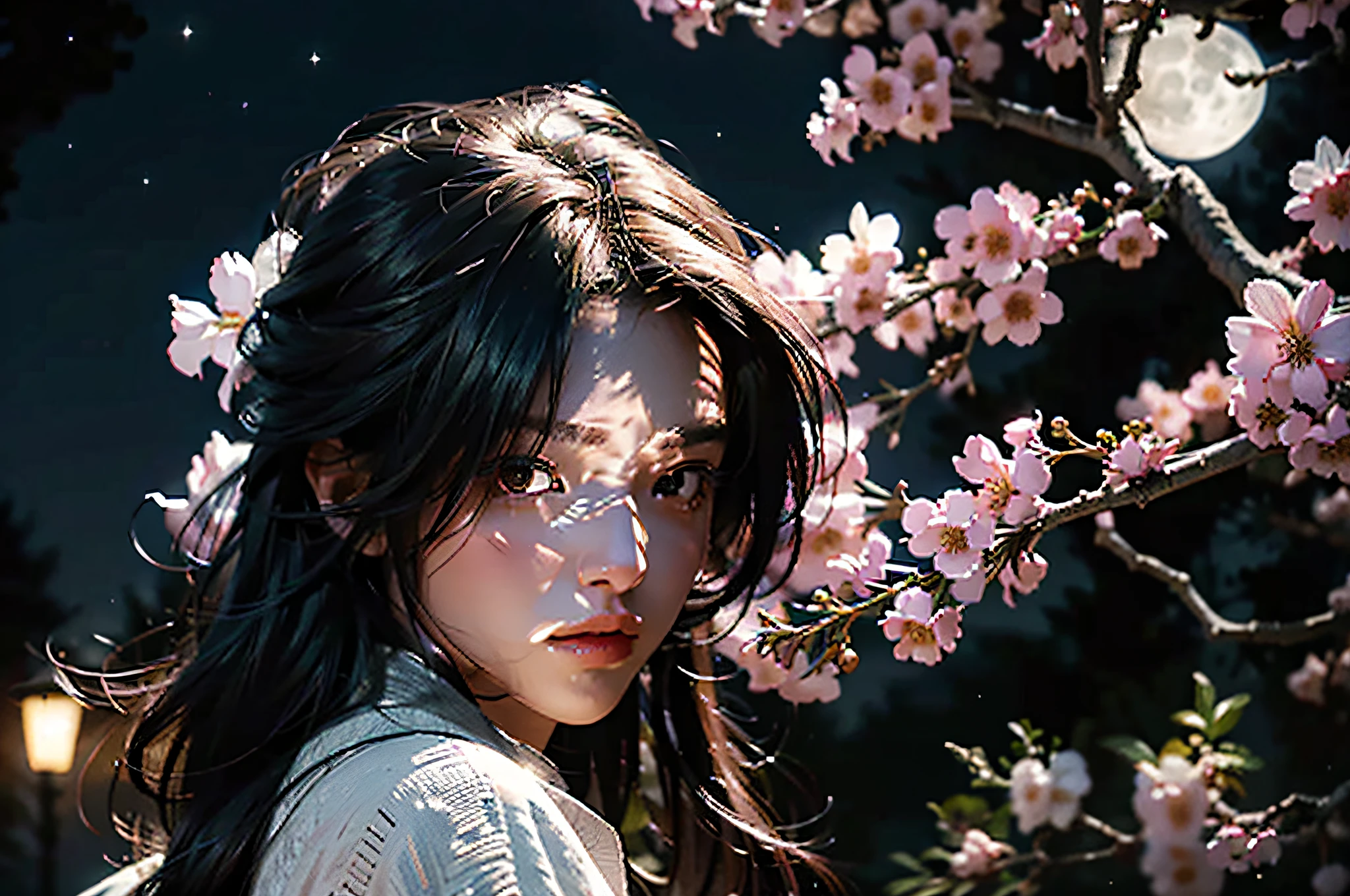 a close-up of a flowering tree and a full moon, beautiful moonlit night, beautiful moonlight, beautiful like the moon, night sky full of flowers, beautiful moonlight, night moonlight, full moon in the sky, the glow of moonlight, night with full moon, moonlit night dreamy atmosphere, moon in background, "Highest quality, masterpiece, ultra detailed and realistic (Photorealistic:1.4)