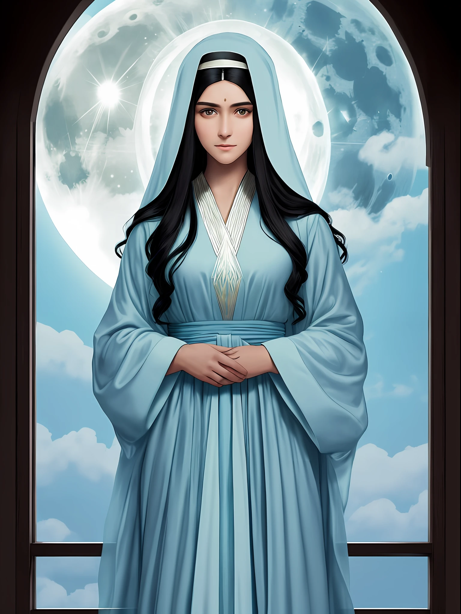 Mother of Jesus, black hair and green eyes, light brown skin, wearing a light blue robe, and a sky blue veil, a serene expression that brings peace (full body) near a window, illuminated by the moon (magnificent and realistic)