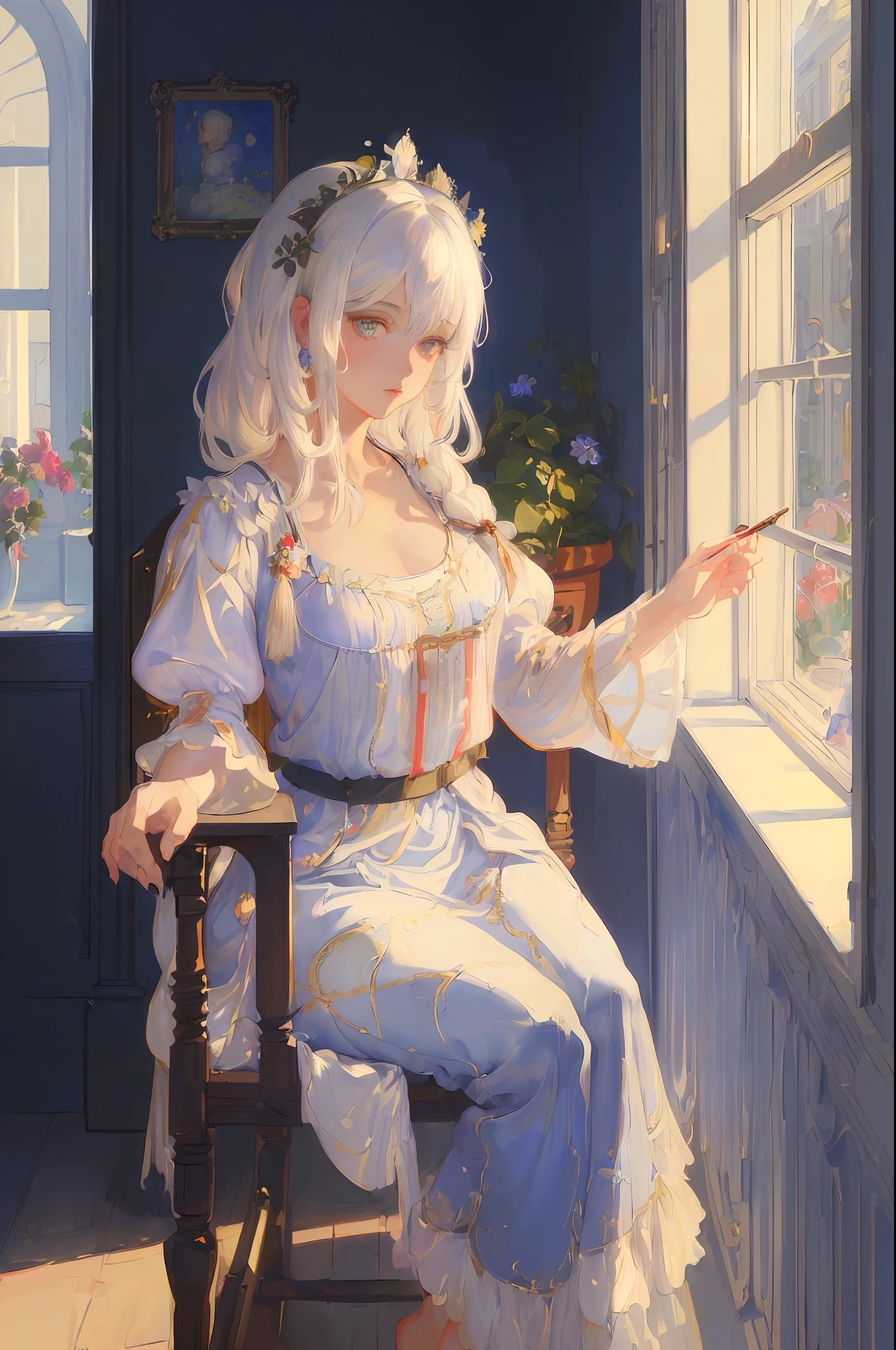 The art of cornflower, fantastic (pilyeon, masterpiece, best quality, (very detailed CG unified 8k wallpaper, masterpiece, best quality, super detailed, best shadow), (iridescent hair: 1.4), (detailed background), (beautiful detailed face, beautiful detailed eyes), one side braid, hair accessories, high contrast, (best illumination, an extremely delicious and beautiful), (girl:1.5), (white hair woman nightgown painting volegov carl larsson)), ((caustic, seductive, sexy, charming)), (sitting through the window)), dynamic angle, noble, elegant, beautiful details glowing with light, thighs, denim photos, narrow waist, wide hips, big breasts)