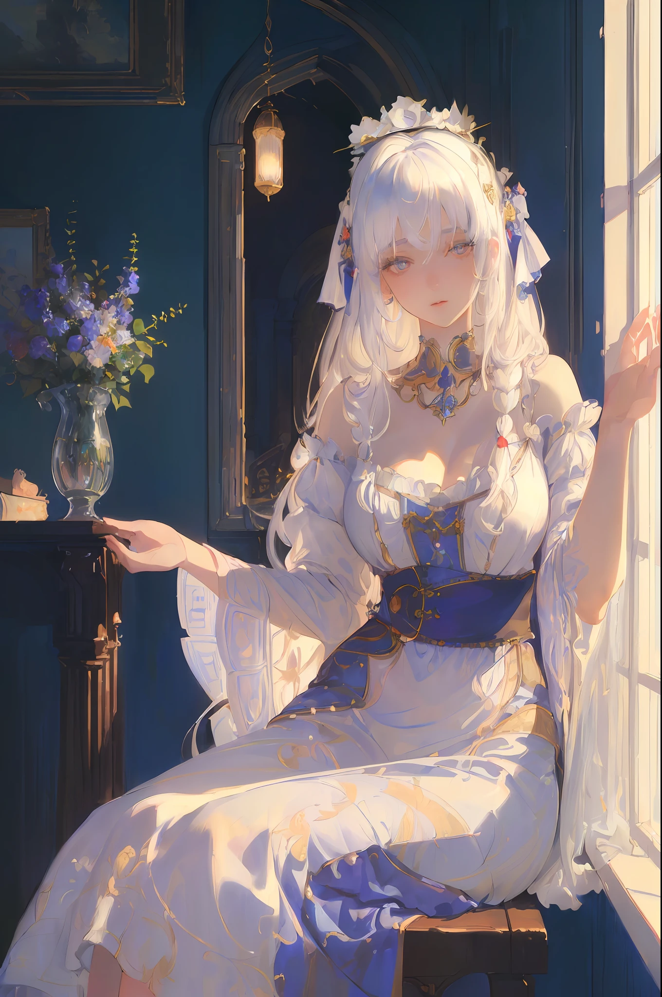 The art of cornflower, fantastic (pilyeon, masterpiece, best quality, (very detailed CG unified 8k wallpaper, masterpiece, best quality, super detailed, best shadow), (iridescent hair: 1.4), (detailed background), (beautiful detailed face, beautiful detailed eyes), one side braid, hair accessories, high contrast, (best illumination, an extremely delicious and beautiful), (girl:1.5), (white hair woman nightgown painting volegov carl larsson)), ((caustic, seductive, sexy, charming)), (sitting through the window)), dynamic angle, noble, elegant, beautiful details glowing with light, thighs, denim photos, narrow waist, wide hips, big breasts)