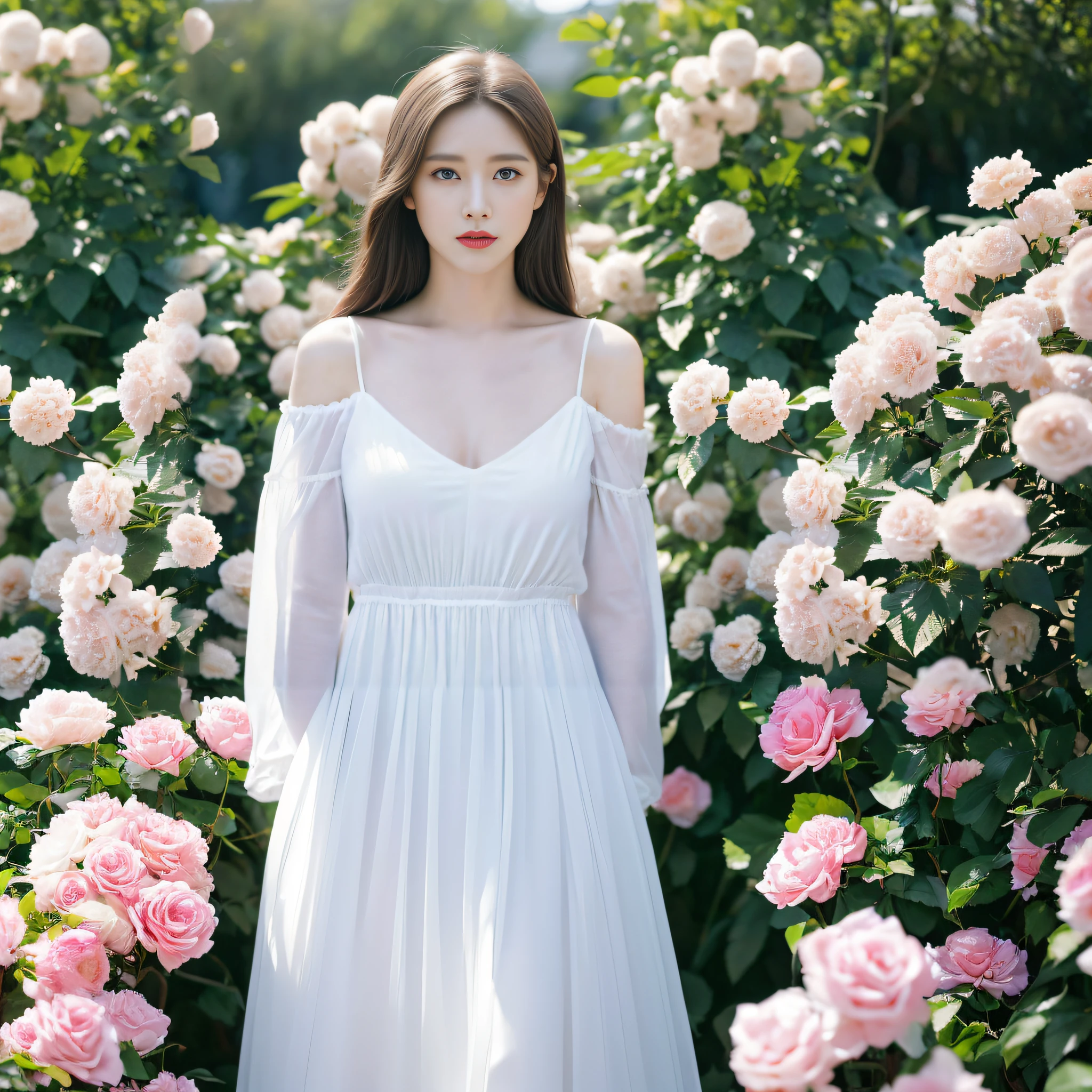 araffe woman in white dress standing in front of a bush of pink roses, beautiful south korean woman, beautiful young korean woman, gorgeous young korean woman, a beautiful woman in white, ethereal beauty, korean women's fashion model, jaeyeon nam, heonhwa choe, popular south korean makeup, jinyoung shin, seseon yoon, ulzzang