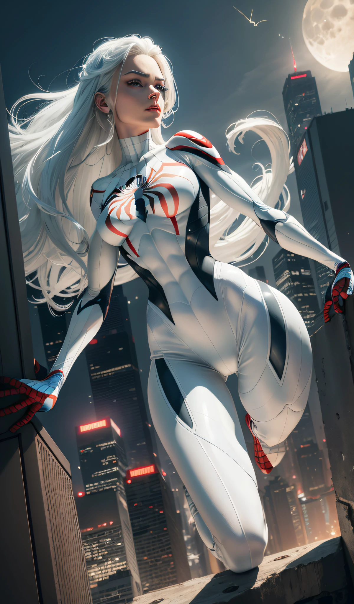 (Masterpiece, 4k resolution, ultra-realistic, very detailed), (White superhero theme, charismatic, there's a girl on top of town, wearing Spider-Man costume, she's a superhero), [ ((25 years), (long white hair:1.2), full body, (blue eyes:1.2), ((Spider-Man pose),show of strength, jumping from one building to another), ((sandy urban environment):0.8)| (cityscape, at night, dynamic lights), (full moon))] # Explanation: The Prompt mainly describes a 4K painting of ultra-high definition, very realistic, very detailed. It shows a superheroine at the top of the city, wearing a Spider-Man costume. The theme in the painting is a white superhero theme, the female protagonist has long white hair, is 25 years old and her entire body is shown in the painting. In terms of portraying the actions of superheroines, spiders are employed