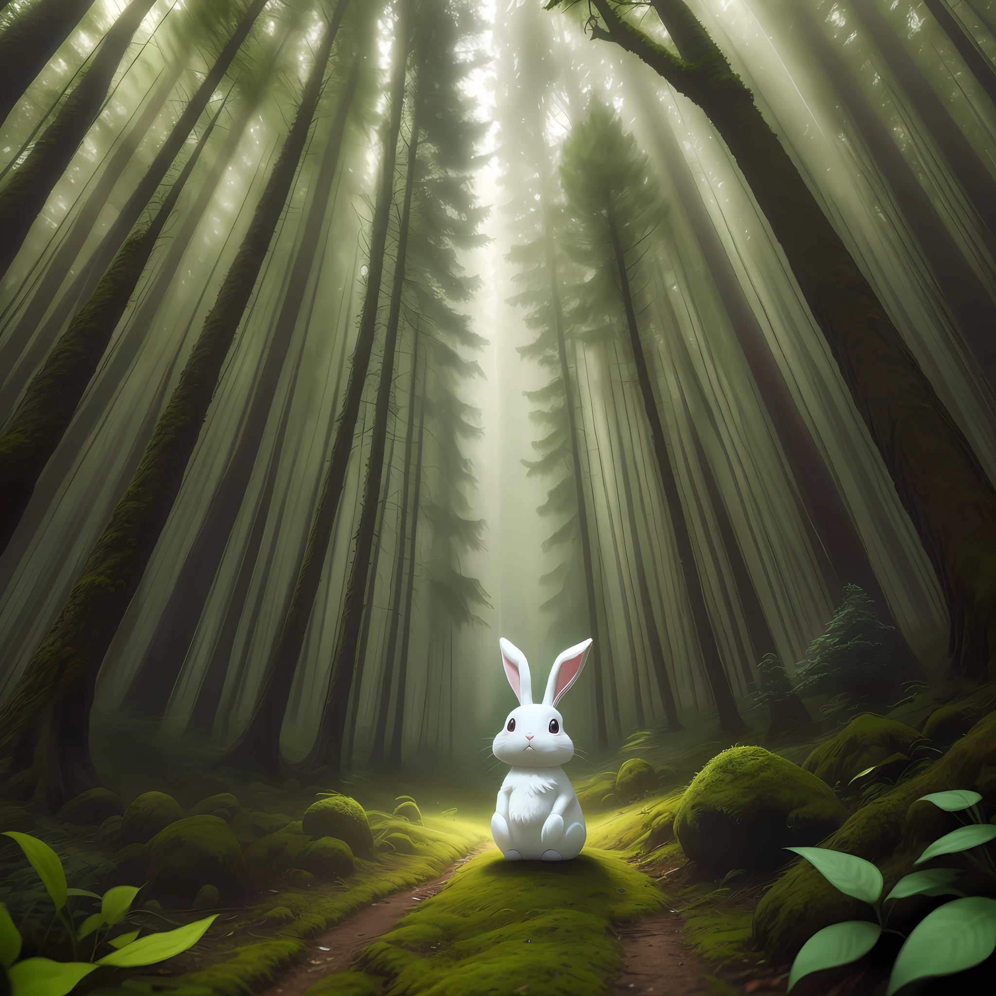 Cartoon bunny in the middle of an enchanted forest. Curious and hopeful eyes look around, searching for his family. The tall trees around it are covered in moss, creating a mysterious and enchanting atmosphere.