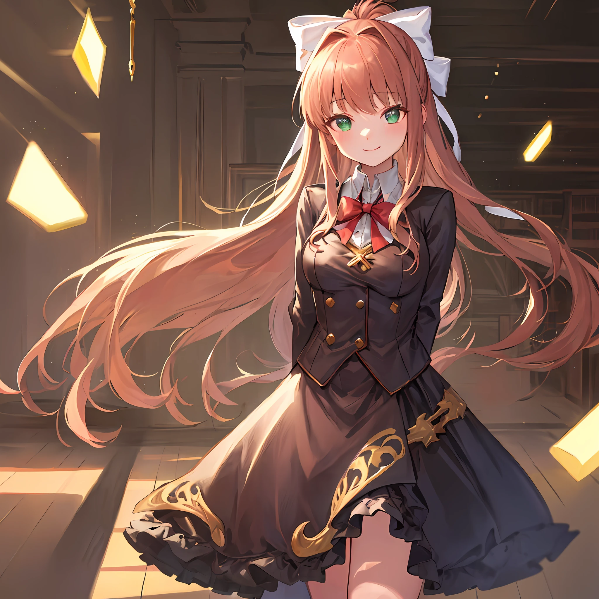 rich Monika in an mansion room, upper body, face, portrait, library, detailed, beautiful lightning, bokeh, dress, alternate clothes, millonaire girl, rich girl, godly, chest accesories, ornate dress, fashion dress, sun rays, fisheye, front view, 2d, masterpiece, best quality, anime, highly detailed eyes, highly detailed face, highly detailed background, perfect lighting, bokeh, cowboy shot, feet out of frame, 1girl, solo, classroom, school uniform, monika \(doki doki literature club\), doki doki literature club, alternate clothes, brown hair, very long hair, white bow, hair bow, ponytail, green eyes, medieval clothes, ornate dress, closed jacket, standing, (leaning forward:0.8), (arms behind back:1.2), smile