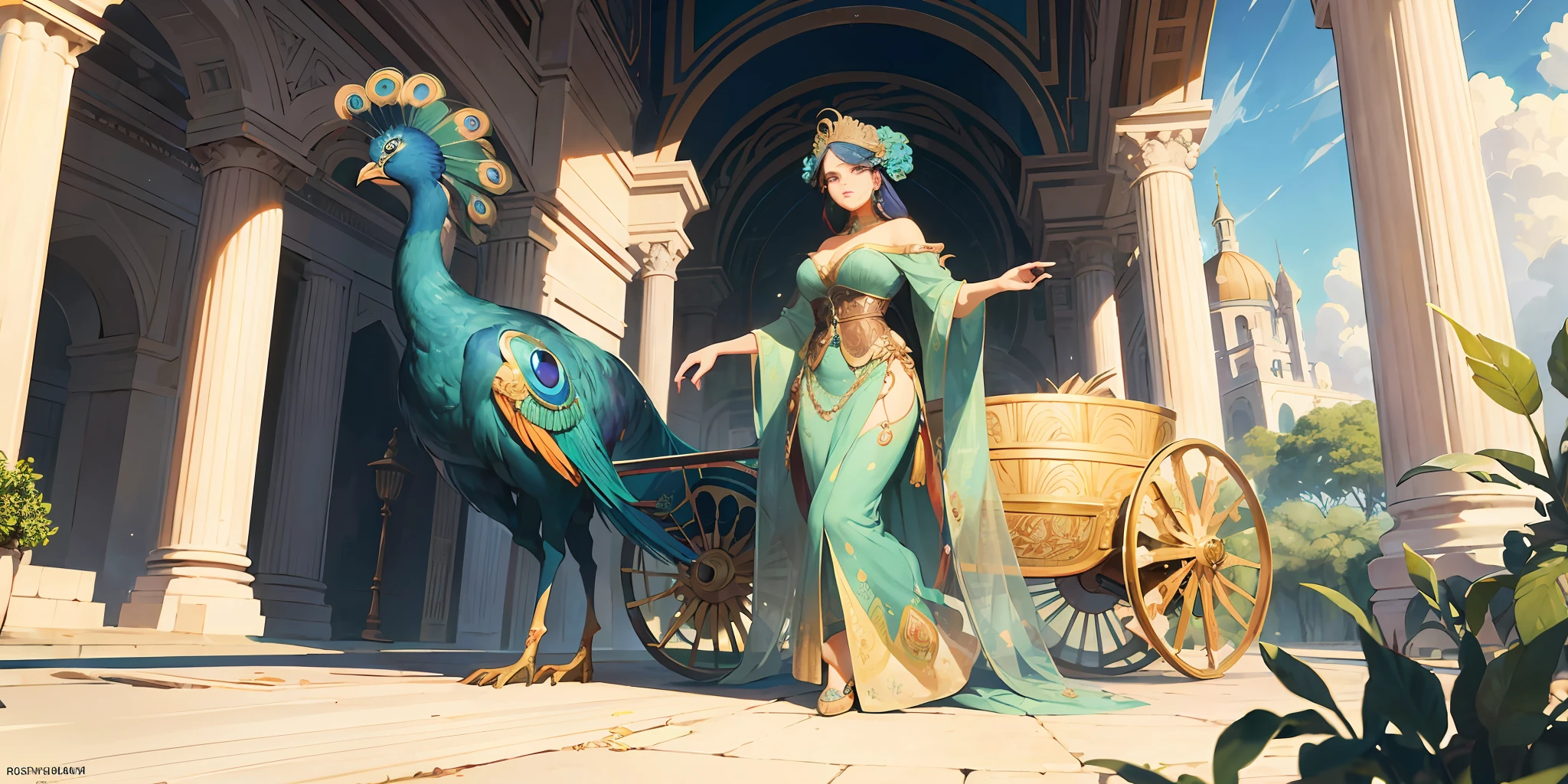 Peacock: The peacock is perhaps the most iconic symbol of Hera. It is said that Hera's chariot was pulled by peacocks, and their vibrant and colorful feathers represent her beauty and regality., painéis decorativos, artístico abstrato, de Alphonse Mucha (obra-prima, melhor qualidade, alta resolução: 1.4), detalhado, detalhes intrincados, 4K, salpicos de cores, arte de linha, fibonacci ,