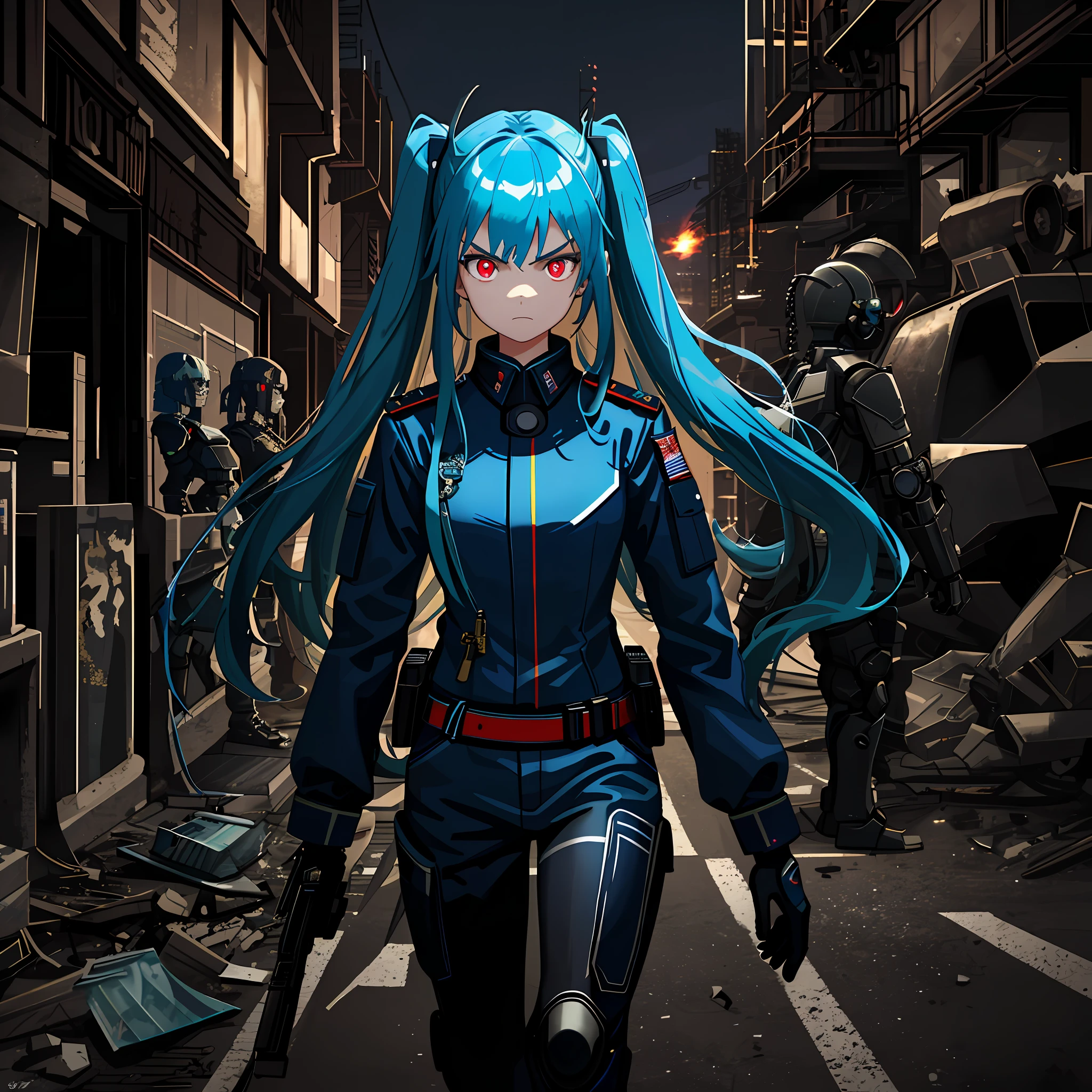 (best quality, masterpiece, extremely detailed), 1girl, solo, long neon blue hair, neon red eyes, angry look, blue military officer dress, arms crossed, sanding still, destroyed futuristic city on fire, warfare, burning background, night, grim, lighting, HDR, robot soldiers line up in formation