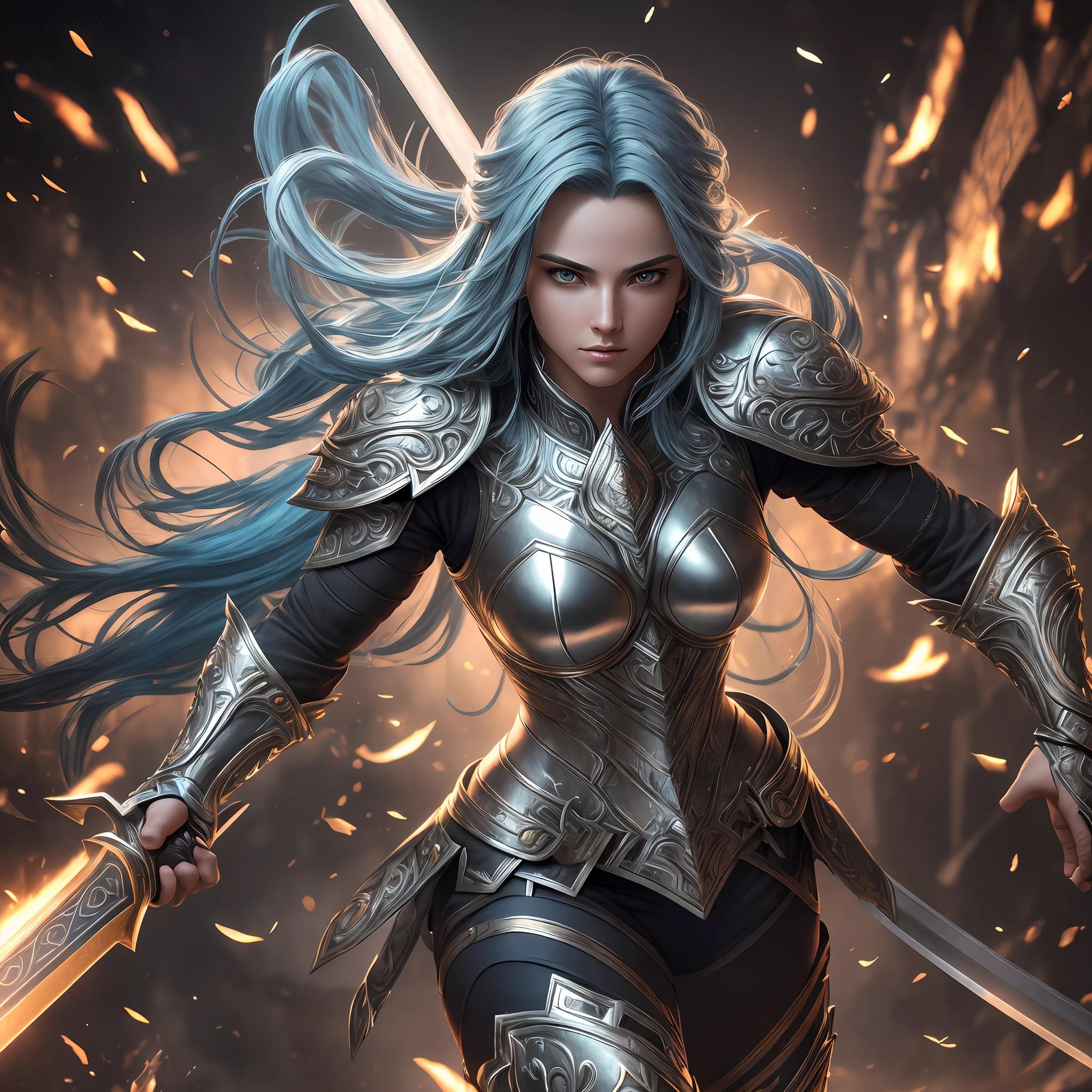 Warrior with extremely realistic shiny silver armor, blue hair, sword in fists, best quality, masterpiece, full body, bright highlights, serious, dramatic pose, cinematic lighting, realistic photo, dynamic pose, sharp focus, dynamic composition, (realistic photo: 1.4), (masterpiece, beautiful finely detailed eyes: 1.2), masterpiece*portrait, realistic, 3D face, bright eyes, (extremely detailed CG unit 8k wallpaper),  (male, male), long hair, midjourny-v4 style, Professional Photoshot, highly detailed, beautiful face highly detailed, standing in darkness with black particles surrounding the body, proportional body shape + perfect anatomy, symmetrical dynamic pose, volumetric shadow, effect of bright neon dust particles + detailed particles, render full hd + render octane 3d + unreal engine 5 4k UHD graphic + immense detail + dramatic lighting + well lit + intricate +  fine detail + octane rendering + ray tracing + 8k + sharp focus + vibrant high contrast, trending on ArtStation --auto --s2