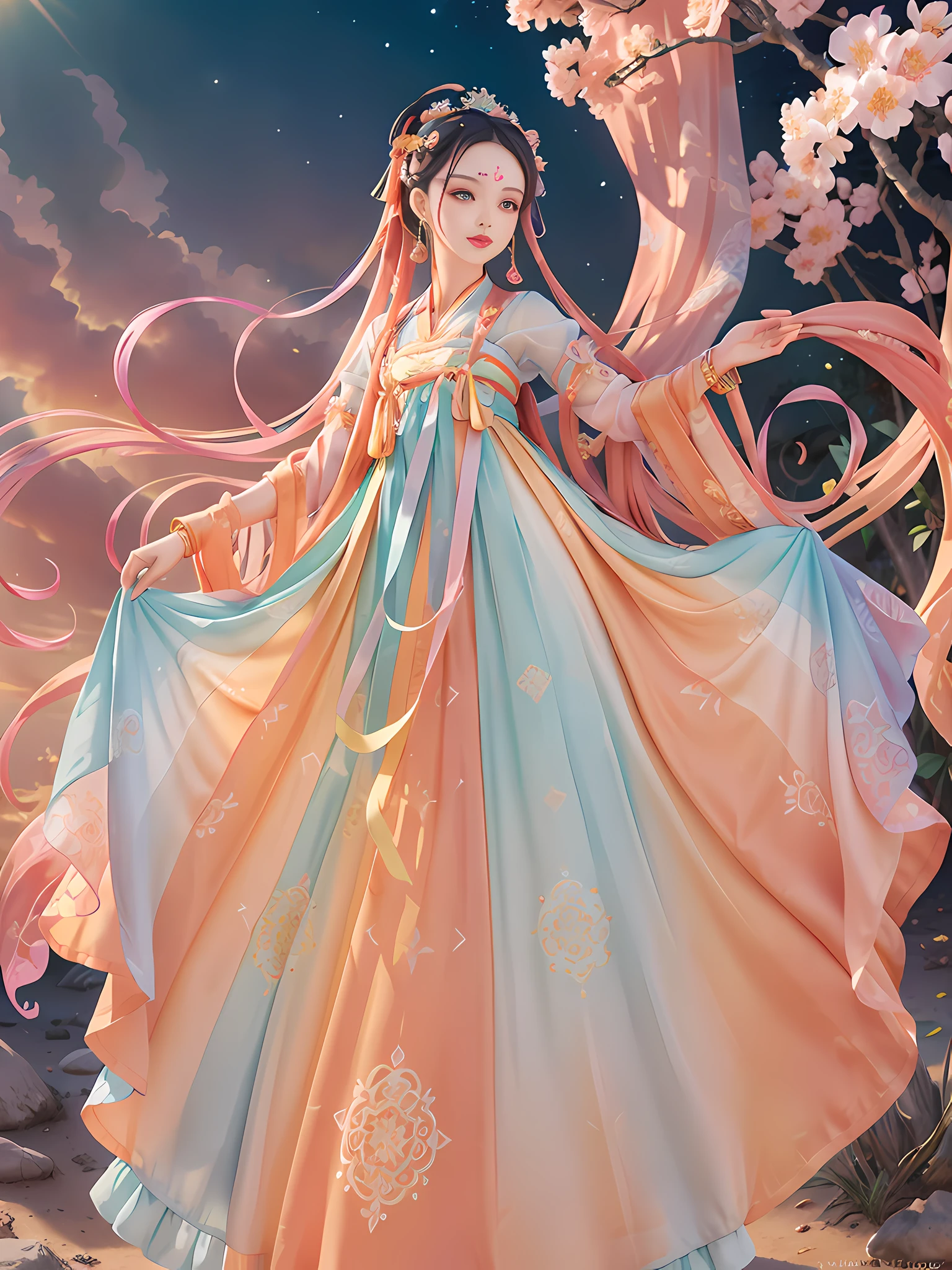 absurd, tall, super detailed, 1 girl, solo, dunhuang, gorgeous, dance, flying, chinese style, dance sleeves, (colorful clouds, colorful halos: 1.3), (forehead markings, hair flowers, hair accessories, jewelry, hair clips, hair rings, tiara, long hair, earrings, (colored long skirt: 1.2), cuffs), fluttering, clear facial features, delicate face, super detailed eyes, flowers, colored eyes, multi-colored hair, portrait (master works: 1.2, best quality), super fine, Ultra-accurate presentation (dynamic pose), color (top to bottom: 1.2), natural light, strong light, sky background, butterfly, Chinese clothing, face markers, hanfu, handheld musical instrument, pipa, long hair, looking at the audience, parted lips, faint smile, solo, bright colors, official art, unified 8k wallpaper, super detailed, beautiful beauty, masterpiece, best quality, (zandeji, mandala, tangles, tangles), extremely detailed, dynamic angles, the most beautiful chaotic forms, elegant, brutalist design, Bright colors, romanticism, atmosphere, ecstatic notes, visible flowing notes, 5 fingers, illusory background, flying ribbon, beautiful sky, bright moon, flying sleeves,