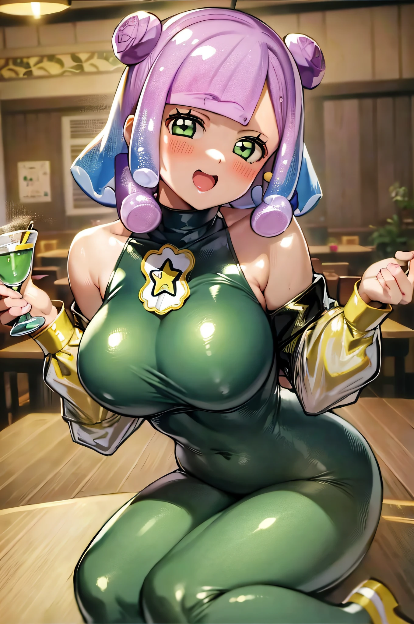 masterpiece, best_quality, 1girl, solo, puniru \(puniru wa kawaii slime\), puniru wa kawaii slime, gradient hair, bangs, green eyes,((double bun)), in a restaurant,oppai,big boobs,cuvierta de slime