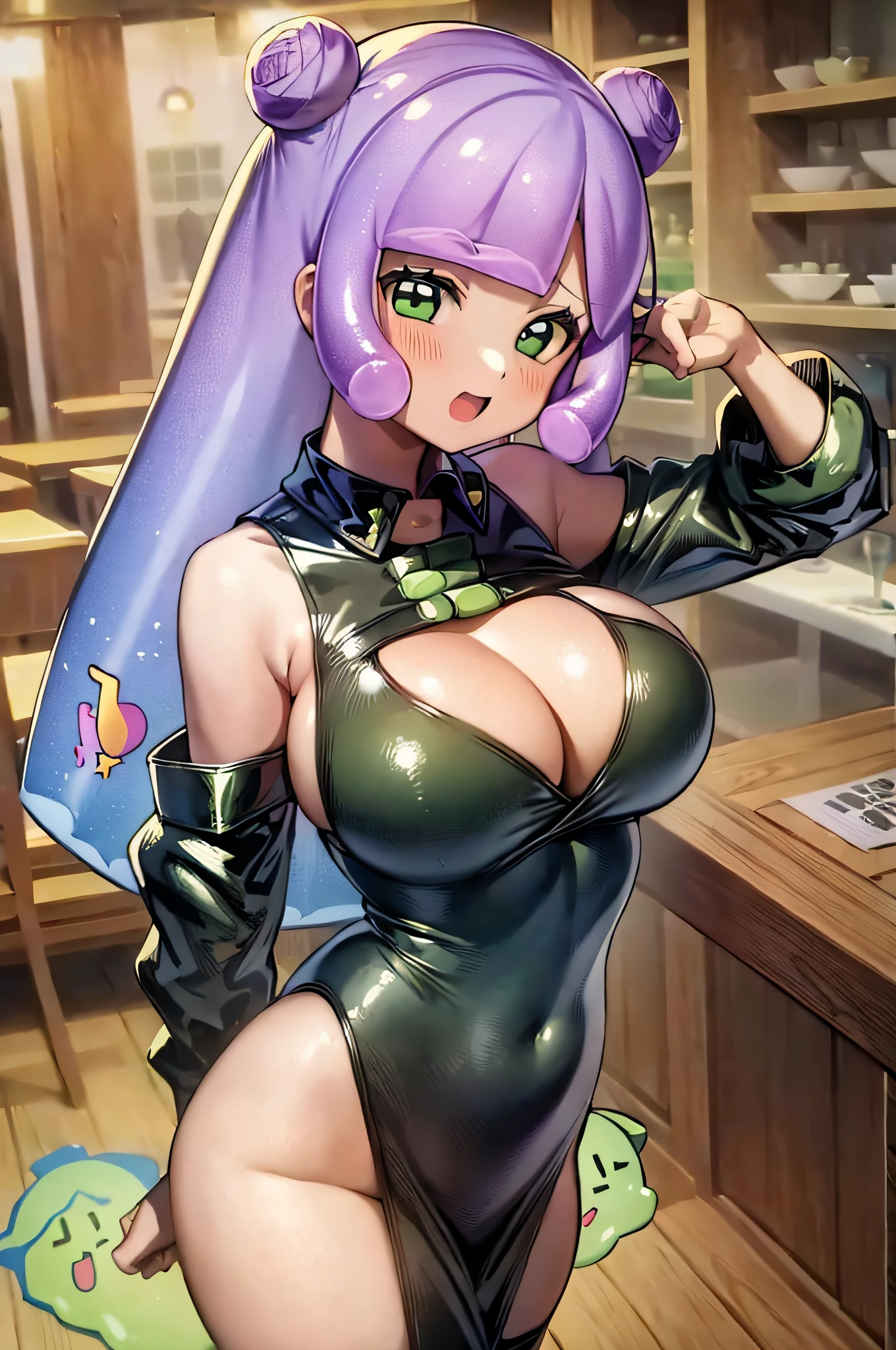 masterpiece, best_quality, 1girl, solo, puniru \(puniru wa kawaii slime\), puniru wa kawaii slime, gradient hair, bangs, green eyes,((double bun)), in a restaurant,oppai,big boobs,cuvierta de slime
