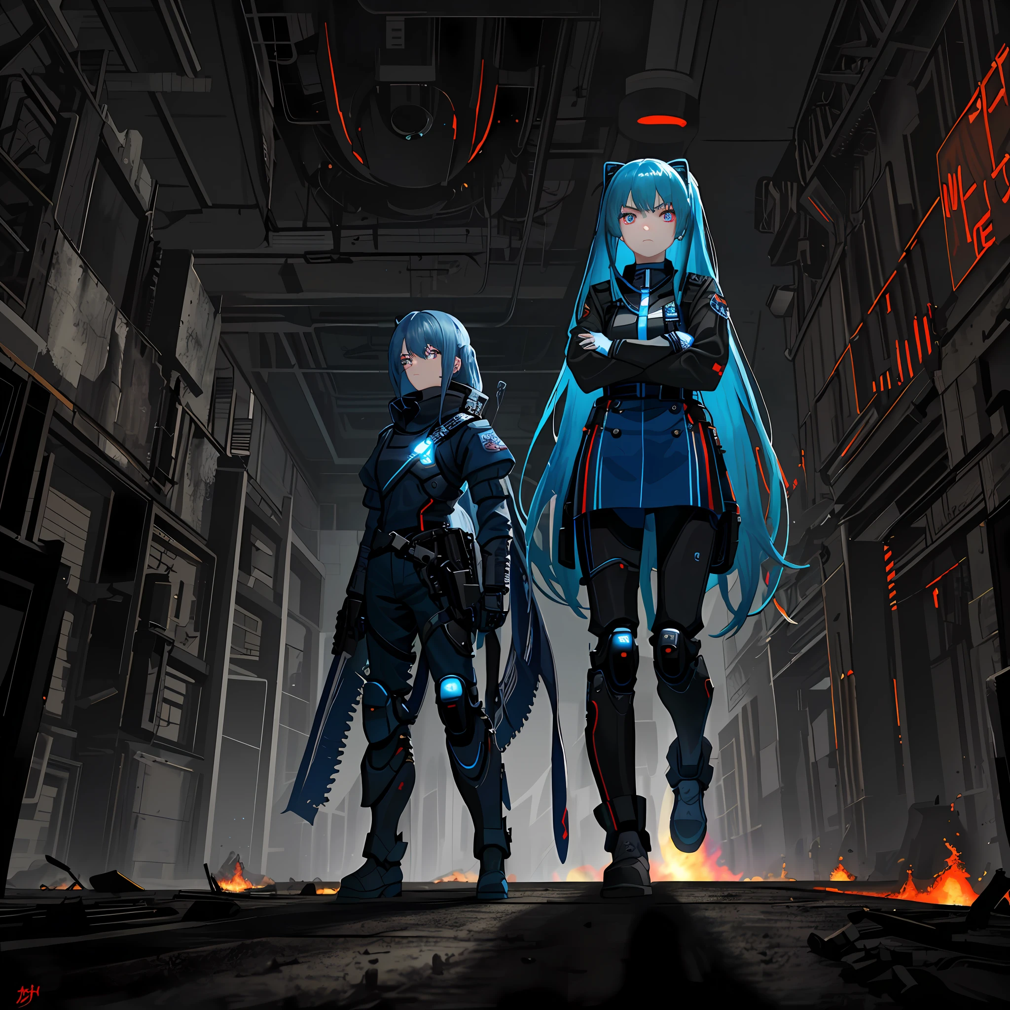 (best quality, masterpiece, extremely detailed), 1girl, solo, long neon blue hair, neon red eyes, angry look, blue military officer dress, arms crossed, sanding still, destroyed futuristic city on fire, warfare, burning background, night, grim, lighting, HDR, robot soldiers line up in formation