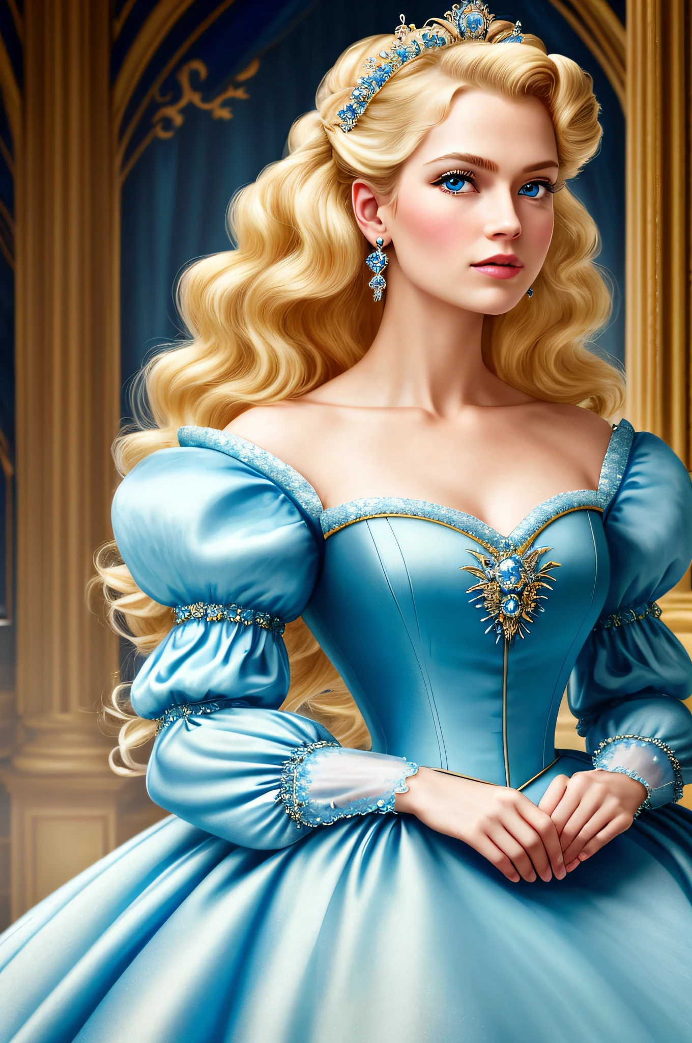 best quality, ((masterpiece)), portrait, Cinderella dressed in a stately and elaborate ballgown with huge puffed sleeves, ((perfect face)), elaborately curled and styled blonde hair, blue eyes (perfect eyes)