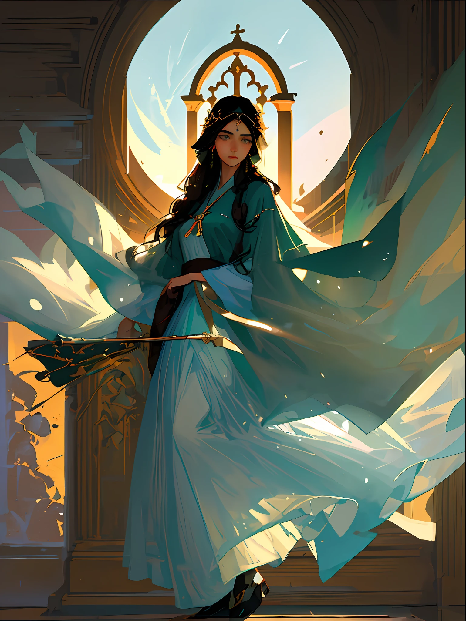 Mother of Jesus, black hair and green eyes, light brown skin, wearing a light blue robe, and a sky blue veil, a serene expression that brings peace (full body) near a window, illuminated by the moon (magnificent and realistic)