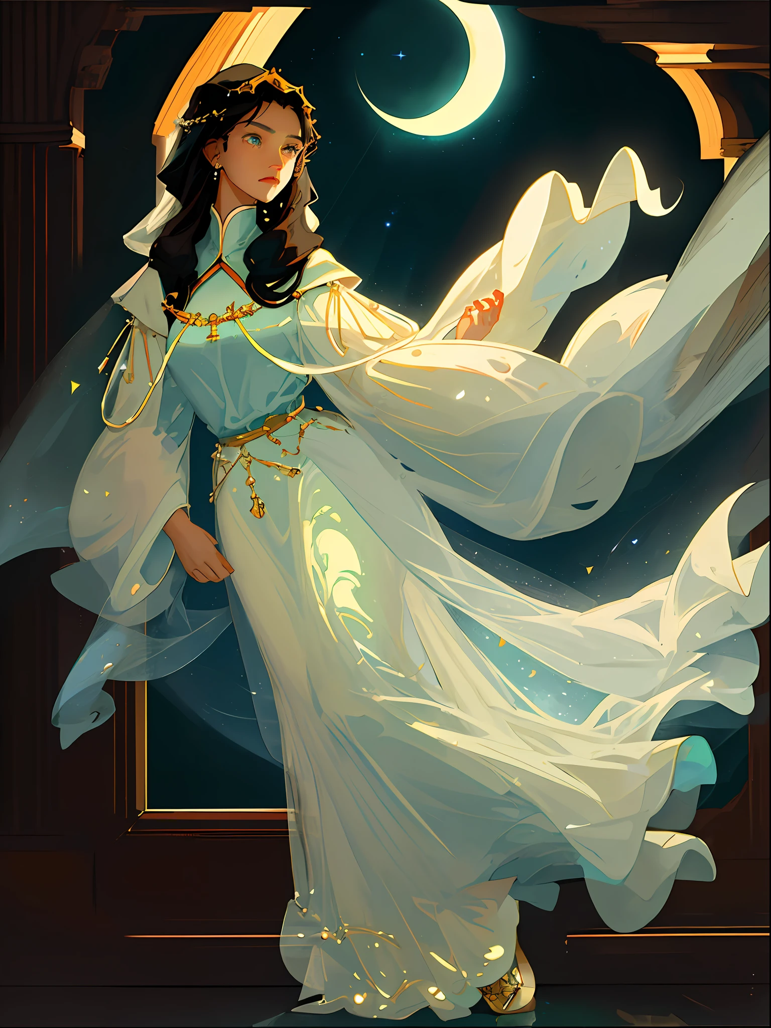 Mother of Jesus, black hair and green eyes, light brown skin, wearing a light blue robe, and a sky blue veil, a serene expression that brings peace (full body) near a window, illuminated by the moon (magnificent and realistic)