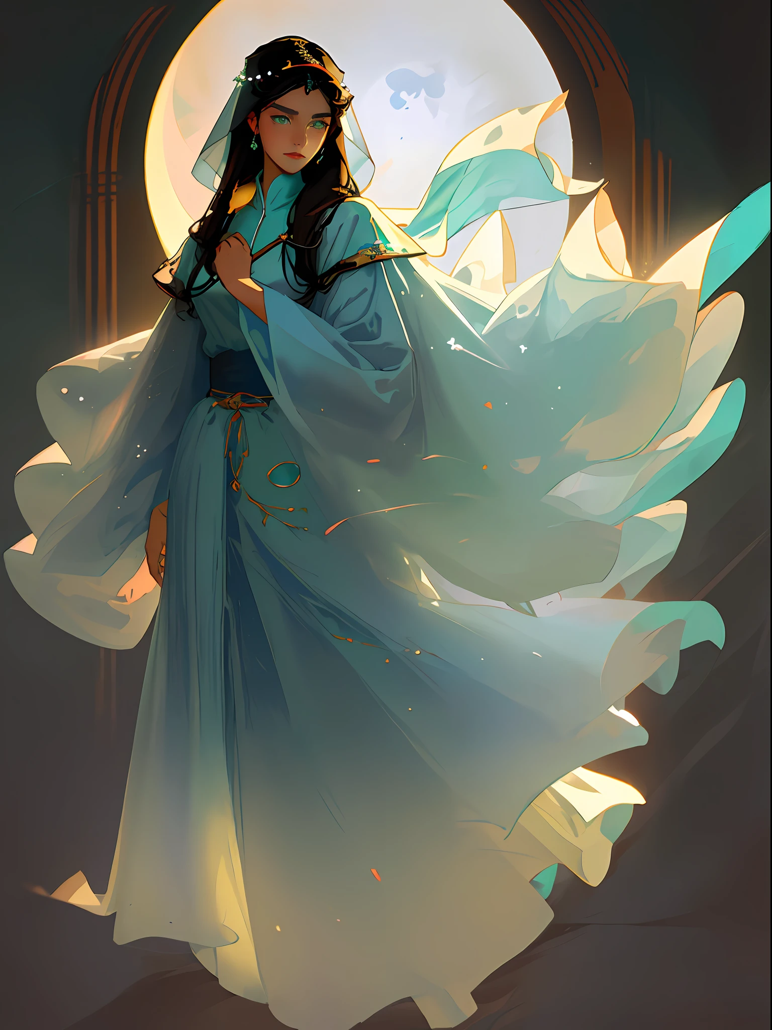 Mother of Jesus, black hair and green eyes, light brown skin, wearing a light blue robe, and a sky blue veil, a serene expression that brings peace (full body) near a window, illuminated by the moon (magnificent and realistic)