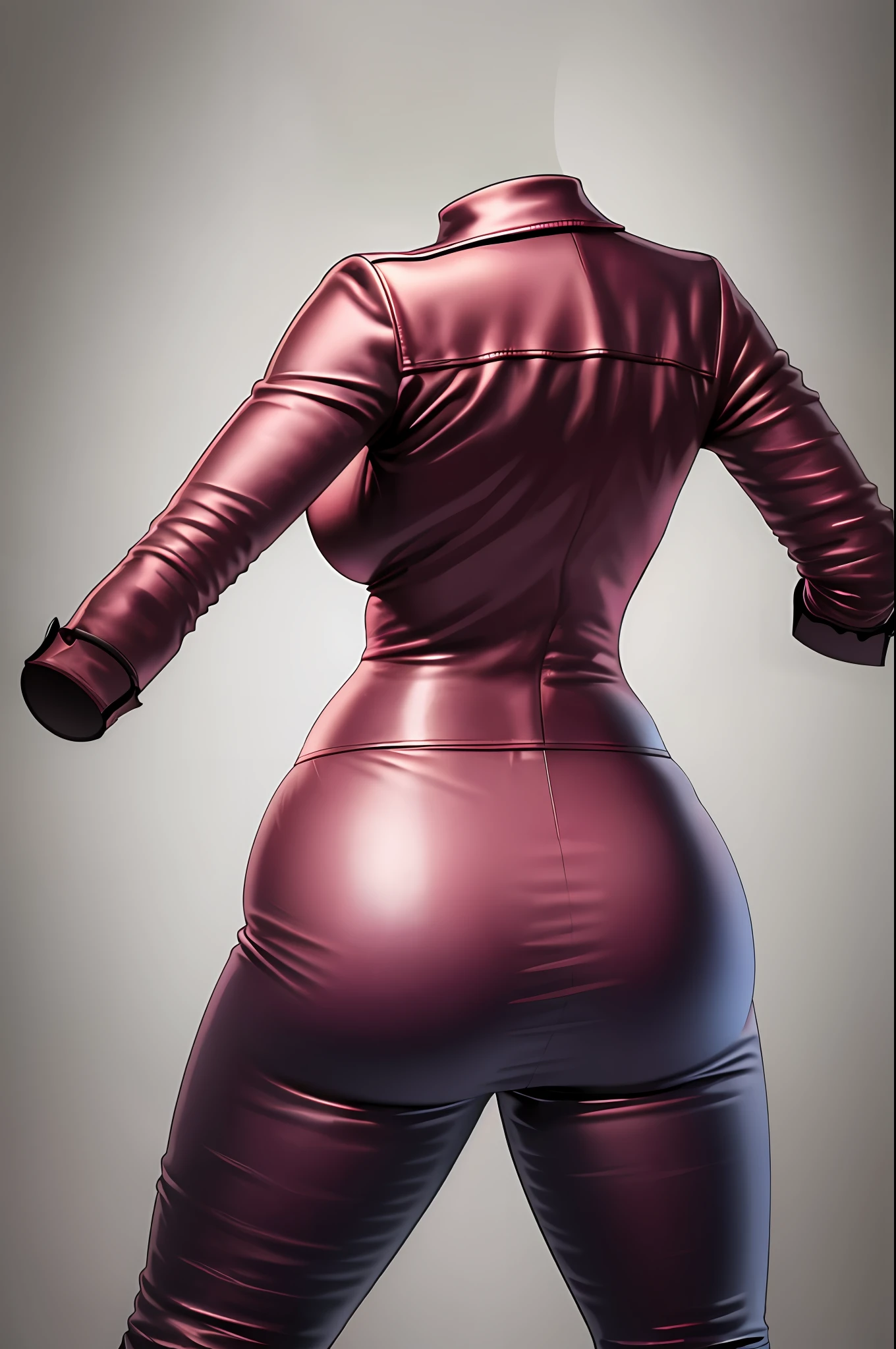 masterpiece, best quality, 1girl, solo, invisible, leather pants, pink shirt ((((no humans)))), (headless), faceless, empty clothes, anime, curves, medium breast, from behind, butt, back, back view, focus on butt