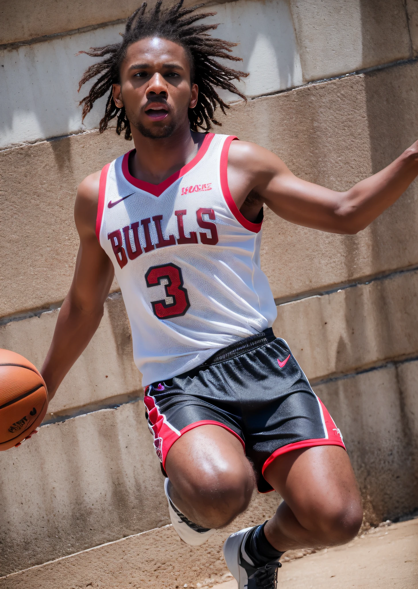 Photo realistic, 1boy, tall, black brown eyes, bulls basketball outfit, black hair, dark skin, african american, nike air sneakers, in action jumping, sunlight, outdoor sports court. autumn, midday, ultra-high quality photos, RAW photo, beautiful detailed face and eyes, (photorealistic: 1.2), best quality, high resolution, realistic, center shadow, dynamic light, real human skin, (Extremely detailed) , (Natural Lighting: 1.2), Hi-Res Masterpiece, Cinematic, 8k.