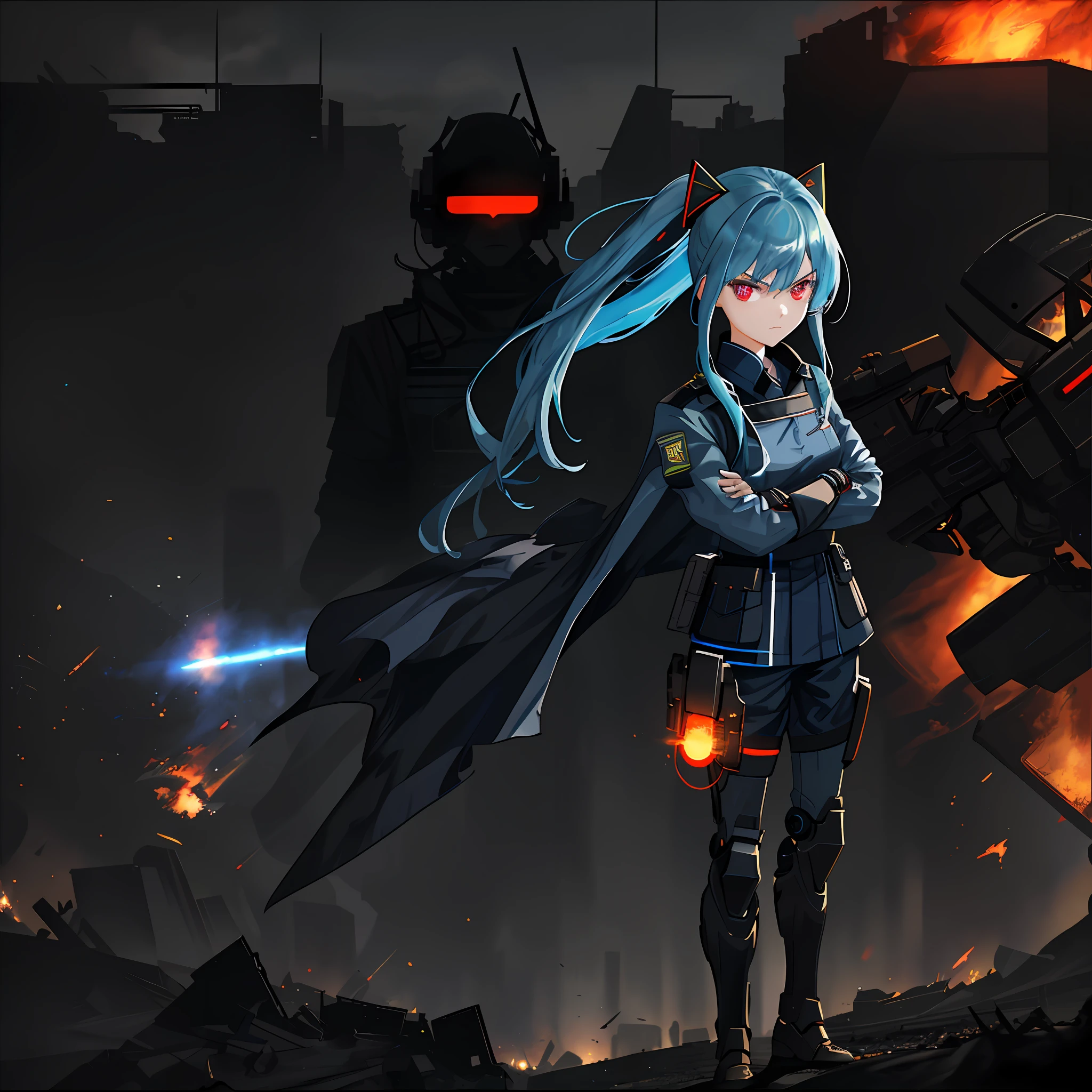 (best quality, masterpiece, extremely detailed), 1girl, solo, long neon blue hair, neon red eyes, angry look, blue military officer dress, arms crossed, sanding still, destroyed futuristic city on fire, warfare, burning background, night, grim, lighting, HDR, robot soldiers line up in formation