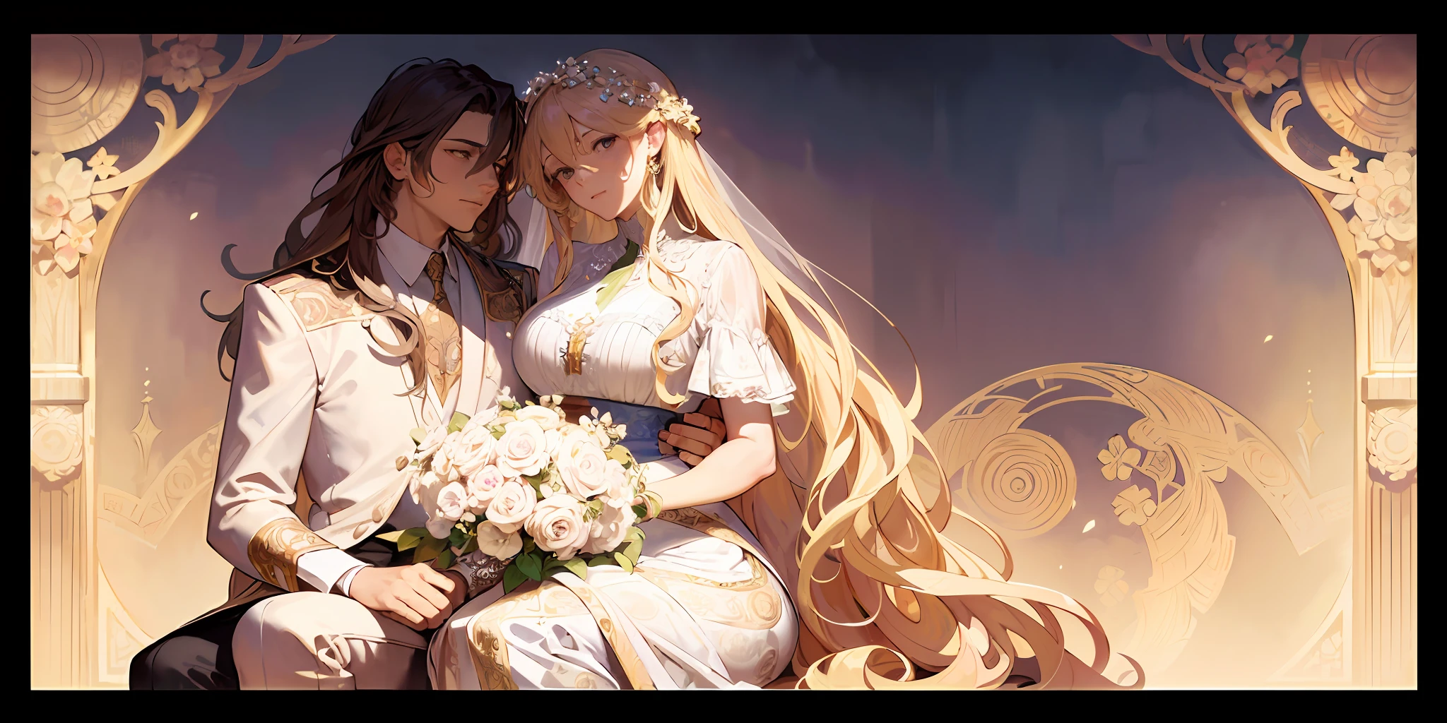 portrait a couple at wedding, long curly hair, blonde, floral frame, decorative panels, abstract artistic, by Alphonse Mucha (masterpiece, best quality, high resolution: 1.4), detailed, intricate details, 4K, color splashes, line art, fibonacci ,