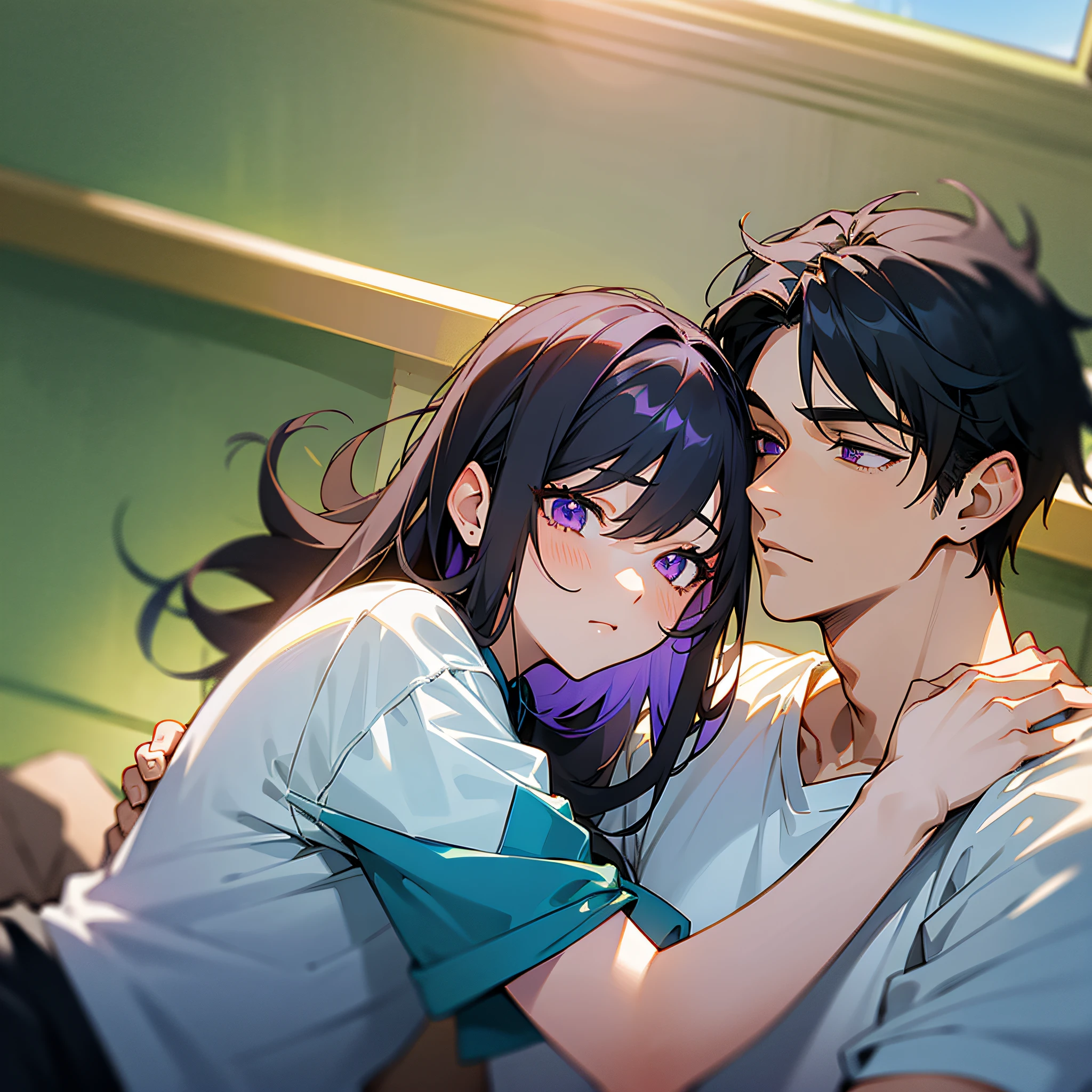 Masterpiece, best quality, {best quality}, {{masterpiece}}, {highres}, {{{field field}}, extremely detailed couple, illustration, couple, 1boy, 1girl, couple, love, romantic, sharp focus, male focus, female focus, black hair, violet eyes, sun, sunlight, lifting, surprised, envy, clear sky, t-shirts, men's leisure clothes, expressionless, women's fashion, holding men's arm, holding men's arms, --auto --s2