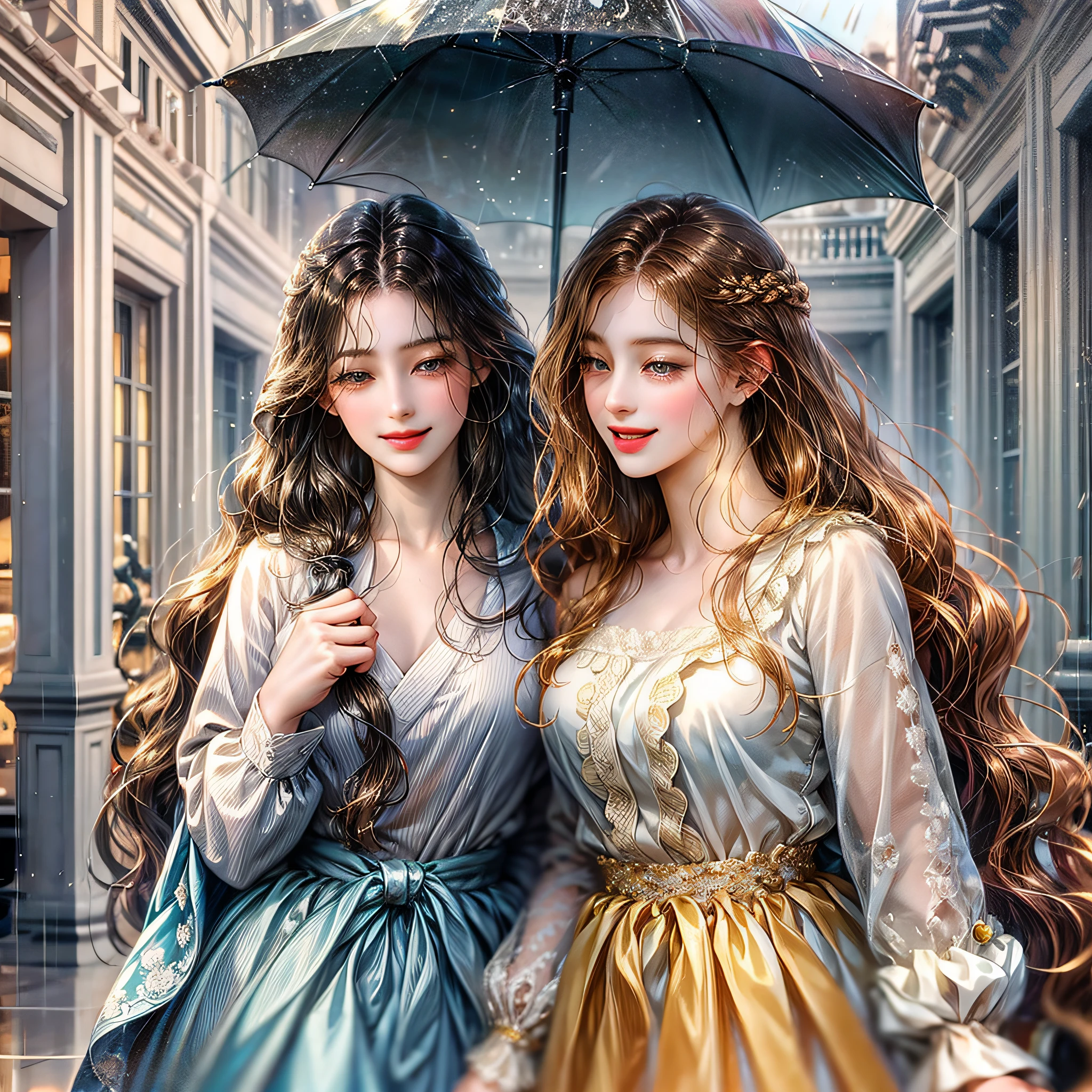 masterpiece, (anime), cute, romantic, best quality, 2others, couple, mature, adult, height difference, different fashion, different color, casual clothes, long sleeves, smile, happy, love, swirling wind, blue sky, long-haired man, light brown haired man, black-haired woman, long-haired woman, bespectacled woman, rain, rain --auto --s2