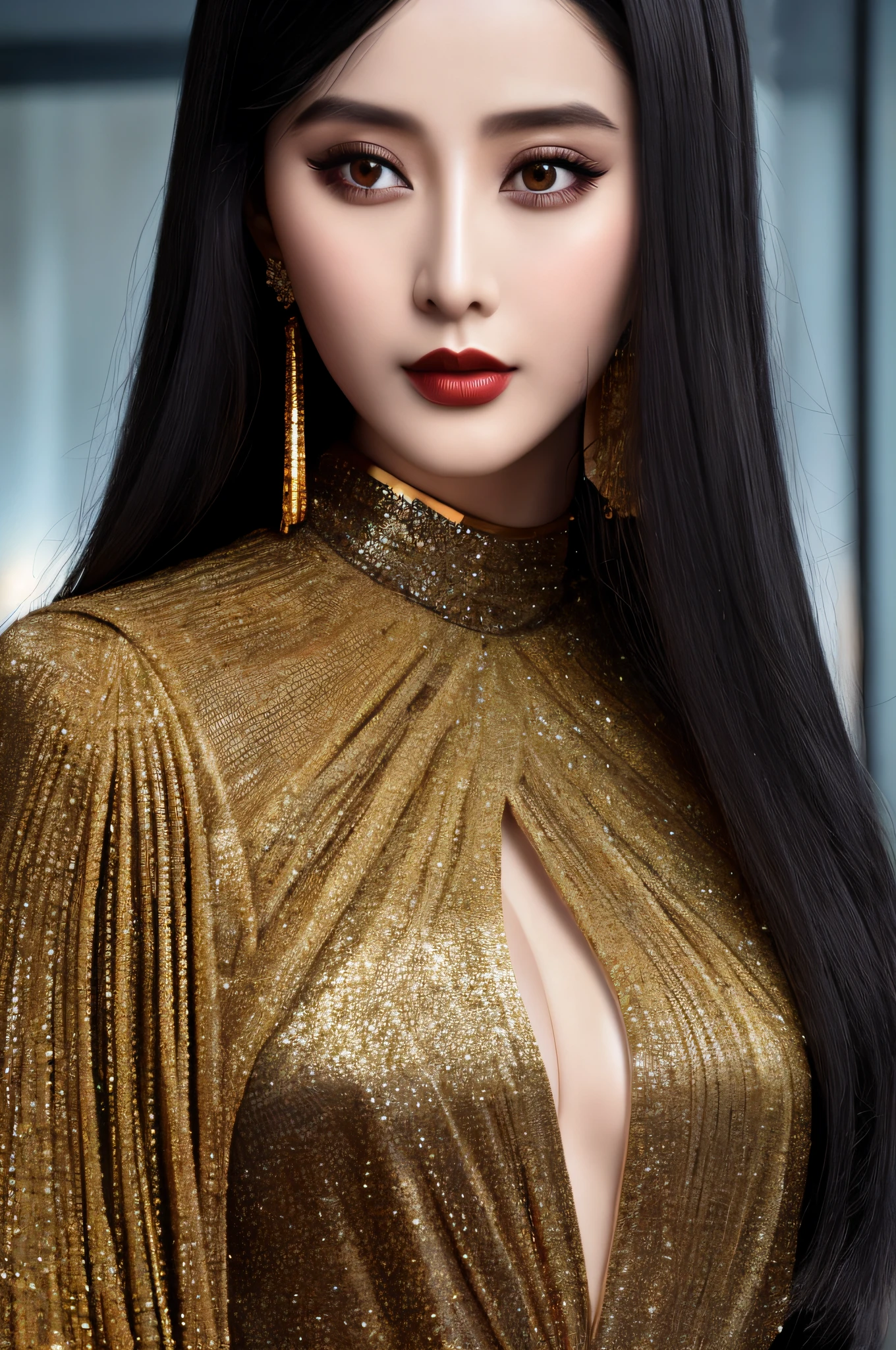 Masterpiece, high quality, 4K, beautiful design, shiny, from the front, award winning photo, extremely detailed, amazing, fine detail, absurdres, highly detailed woman, extremely detailed eyes and face, by lee jeffries nikon d850 film stock photograph 4 kodak portra 400 camera f1.6 lens rich colors hyper realistic lifelike texture dramatic lighting unrealengine trending on artstation cinestill 800 tungsten, solo, 1girl,
fanbingbing, a woman in a black dress and gold jewelry , wearing fanbingbing fashion