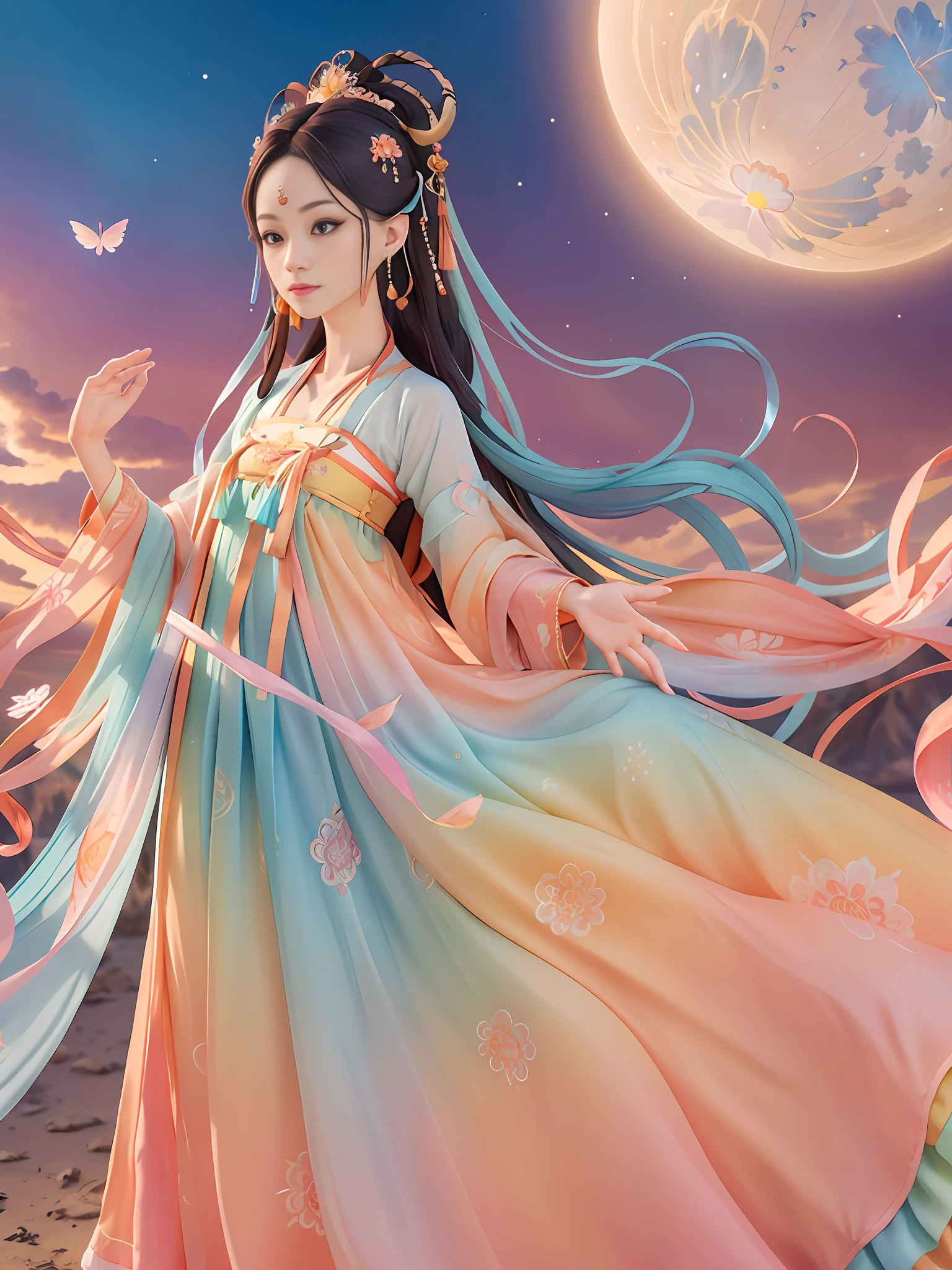 absurd, tall, super detailed, 1 girl, solo, dunhuang, gorgeous, dance, flying, chinese style, dance sleeves, (colorful clouds, colorful halos: 1.3), (forehead markings, hair flowers, hair accessories, jewelry, hair clips, hair rings, tiara, long hair, earrings, (colored long skirt: 1.2), cuffs), fluttering, clear facial features, delicate face, super detailed eyes, flowers, colored eyes, multi-colored hair, portrait (master works: 1.2, best quality), super fine, Ultra-accurate presentation (dynamic pose), color (top to bottom: 1.2), natural light, strong light, sky background, butterfly, Chinese clothing, face markers, hanfu, handheld musical instrument, pipa, long hair, looking at the audience, parted lips, faint smile, solo, bright colors, official art, unified 8k wallpaper, super detailed, beautiful beauty, masterpiece, best quality, (zandeji, mandala, tangles, tangles), extremely detailed, dynamic angles, the most beautiful chaotic forms, elegant, brutalist design, Bright colors, romanticism, atmosphere, ecstatic notes, visible flowing notes, 5 fingers, illusory background, flying ribbon, beautiful sky, bright moon, flying sleeves,