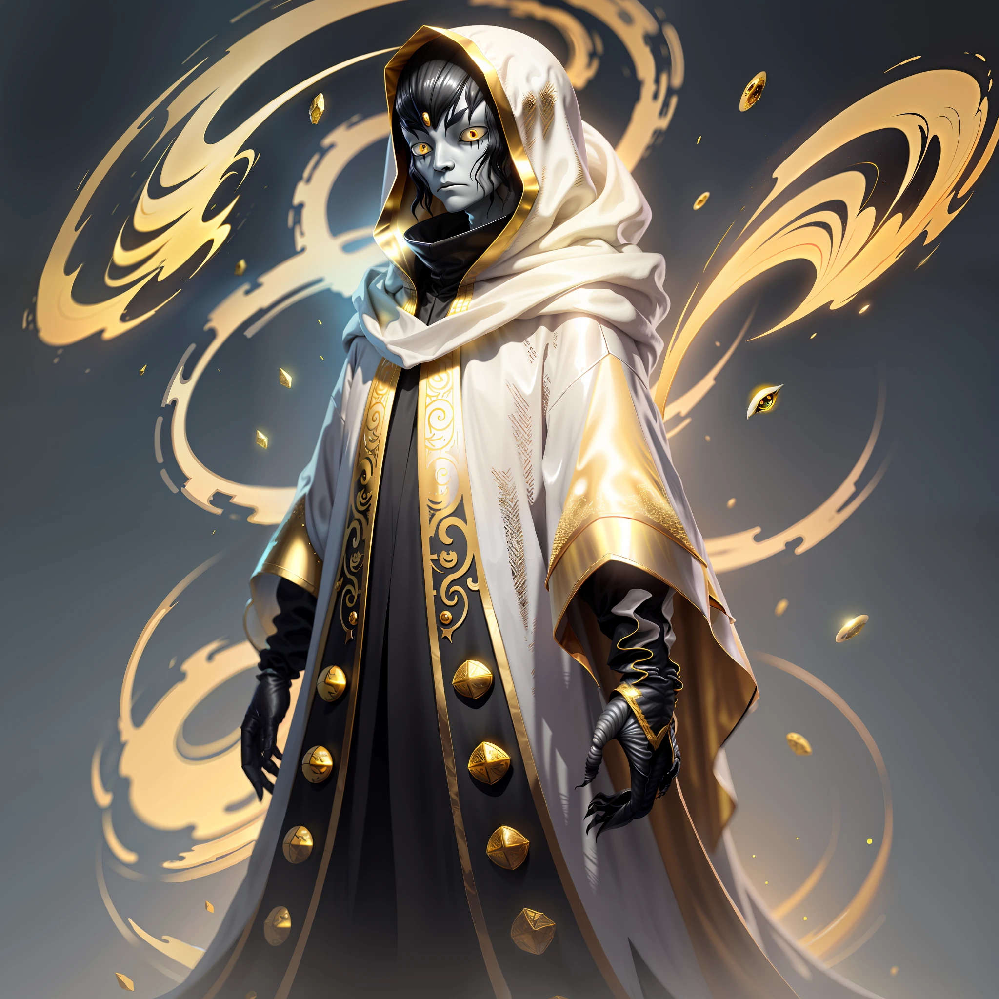 Alien creature with a golden cloak that covers its entire body, entirely white skin with entirely black eyes.