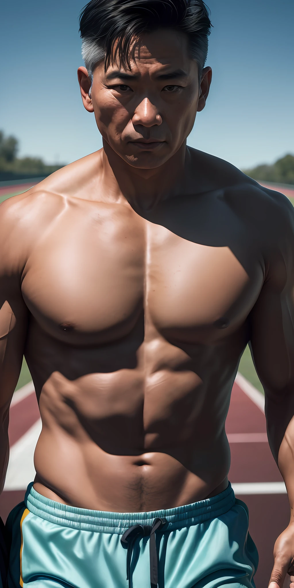 beautiful mature Asian college guy, in track shirtless outfit, outside on track field, ((slim, muscular)), photorealistic, photo, masterpiece, realistic, realism, photorealism, high contrast, photorealistic digital art trending on Artstation 8k HD high definition detailed realistic, detailed, skin texture, hyper detailed, realistic skin texture, armature, best quality, ultra high res, (photorealistic:1.4),, high resolution, detailed, raw photo, sharp re, by lee jeffries nikon d850 film stock photograph 4 kodak portra 400 camera f1.6 lens rich colors hyper realistic lifelike texture dramatic lighting unrealengine trending on artstation cinestill 800,